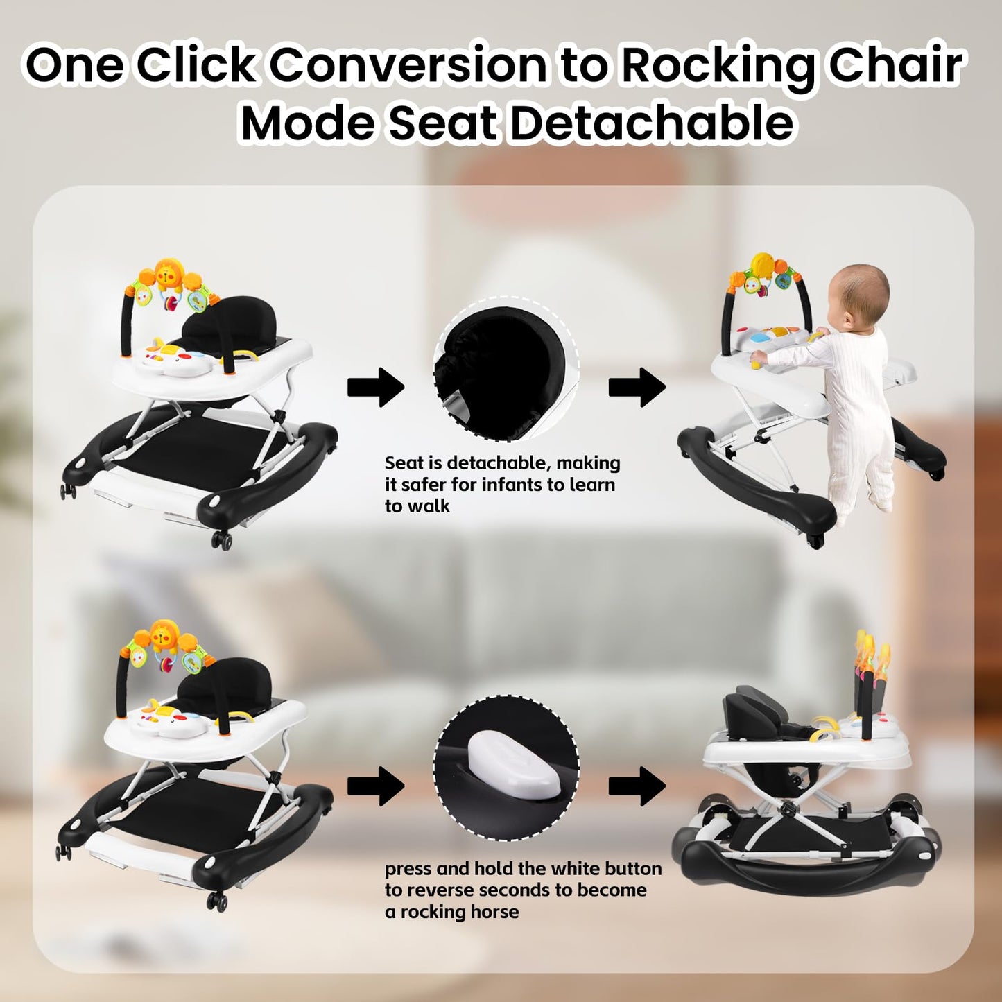 Boyro Baby Baby Walker, 5-in-1 Baby Walkers for Boys and Girls 6-12 Months with Bouncer, Removable Footrest, Feeding Tray & Music, Foldable & Adjustable Activity Walker for 6-18 Months Toddler Infant