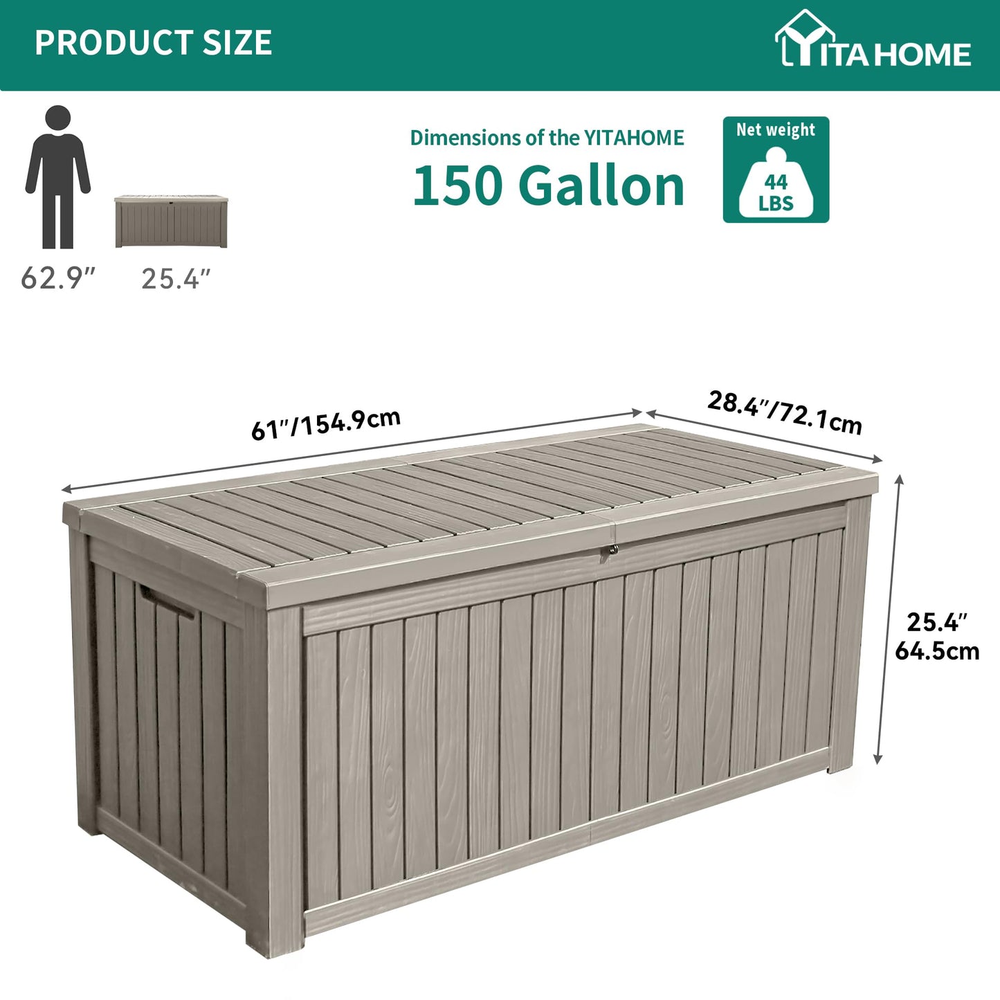 YITAHOME 150 Gallon Large Deck Box w/Divider, XL Waterproof Outdoor Storage for Patio Furniture,Outdoor Cushions, Garden Tools, Sports Equipment and Pool Supplies, Resin, Lockable, Taupe