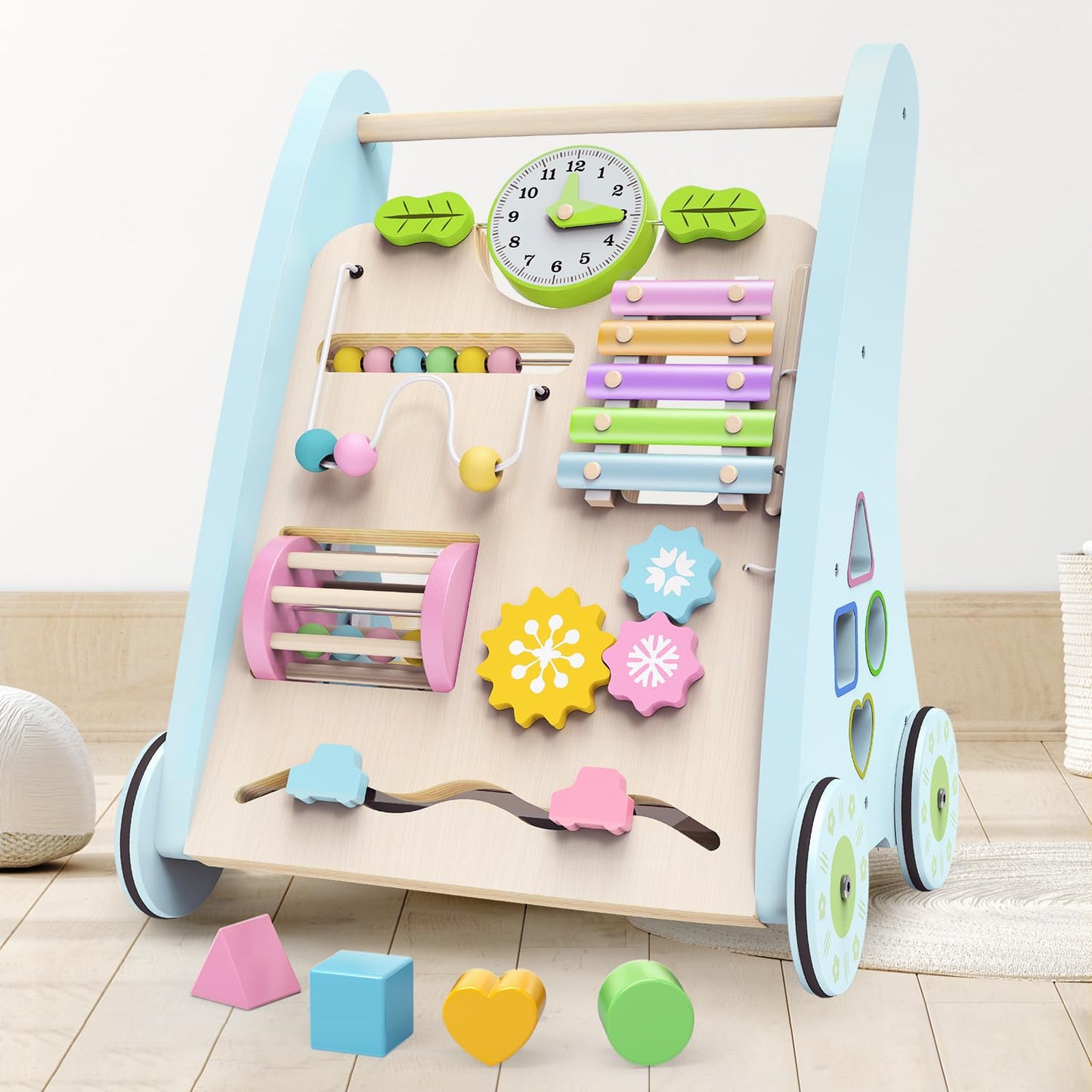 Wooden Baby Walker,Adjustable Speed Push Walker with Wheels and Learning Activity Center,Montessori Walker for Babies 12 Months,Baby Walker Push Toys for Baby Boys and Girls Gifts (Blue)