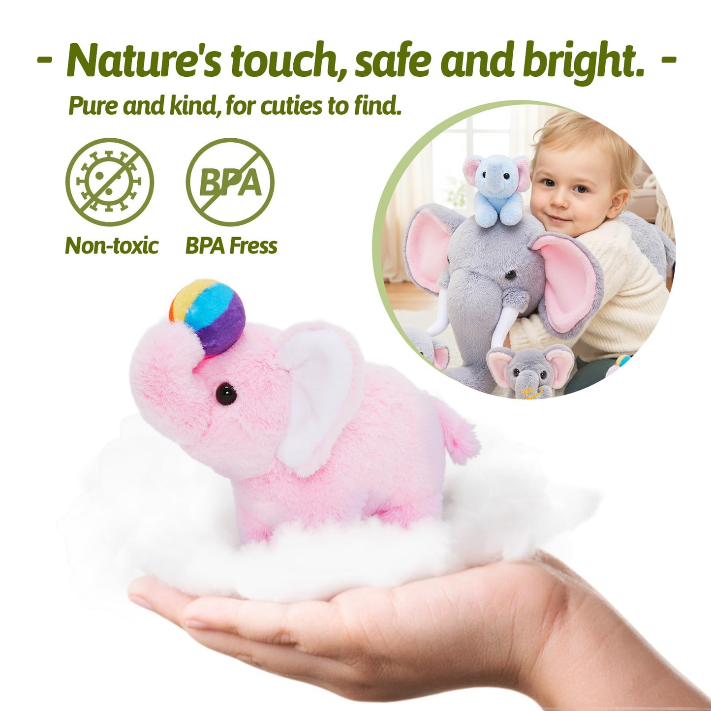 OUOZZZ Elephant Stuffed Animal with 4 Baby Elephants – Interactive Plush Toy Set with Crinkly Ears, Rotating Trunk – Travel-Friendly & Portable Gift for Baby Girls, Boys, Toddlers & Kids 14" x 6.3"