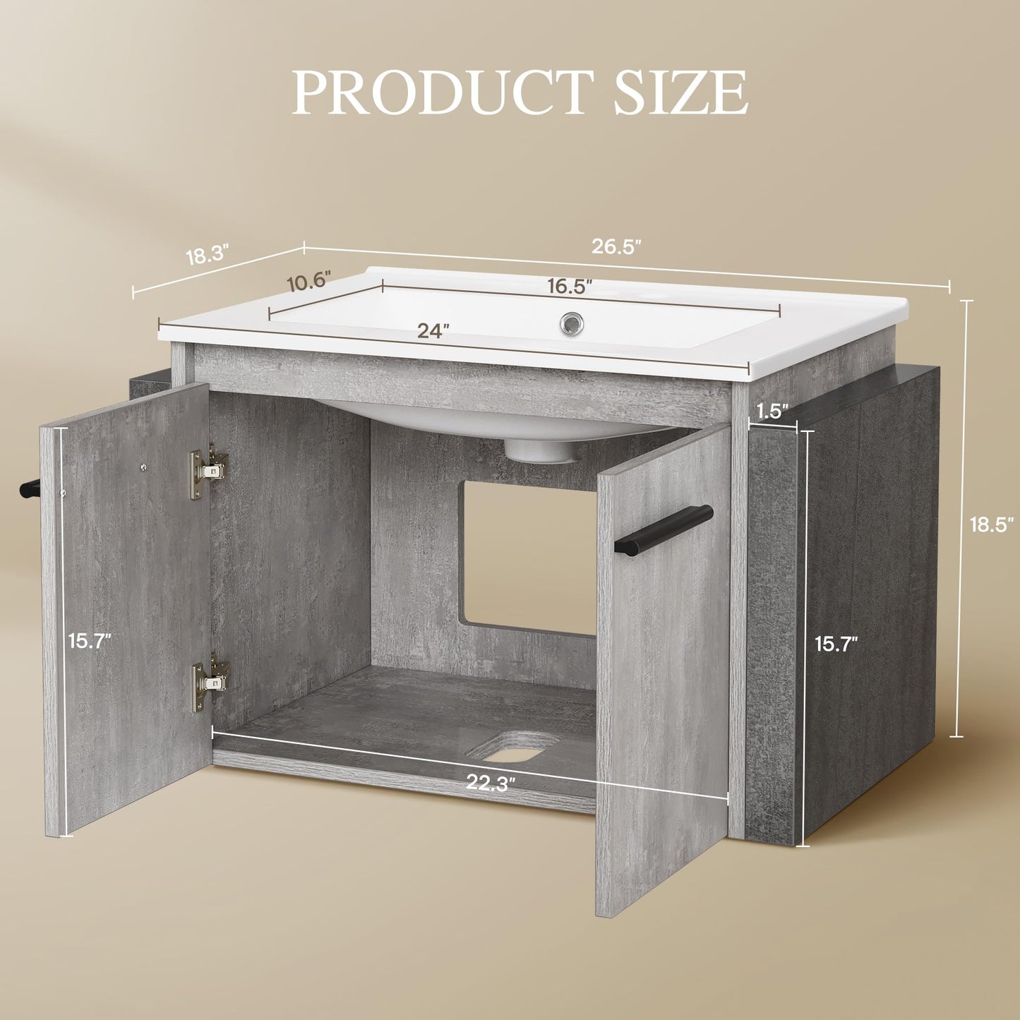 DWVO 24" Bathroom Vanity with Sink Combo, Wall Mounted Modern Bathroom Cabinet with Ceramic Sink, Large Storage Double Soft-Close Doors Cabinet Vanity, Grey
