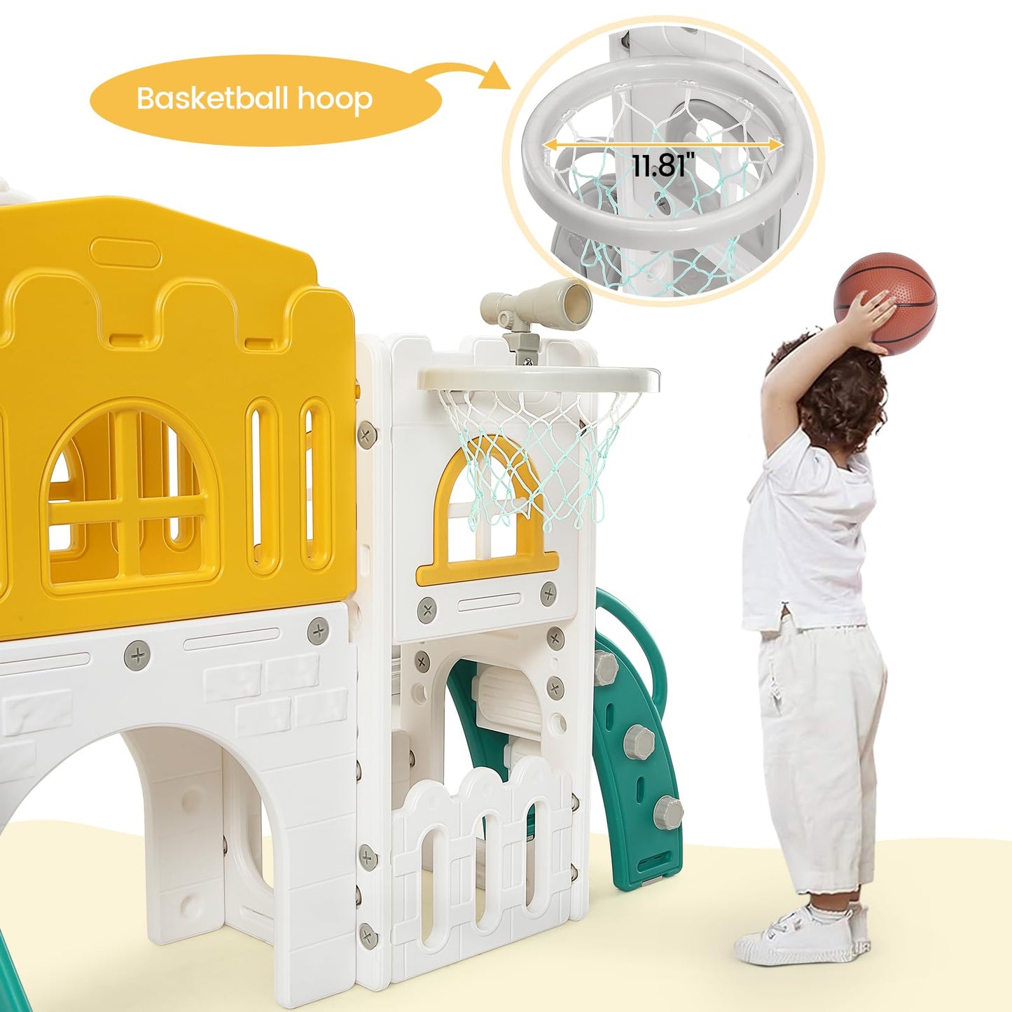 GAOMON 8 in 1 Toddler Slide Indoor Playground, Indoor Slide Toddler Playset for Toddlers 1-3, Kids Outdoor Playground with Slide, Basketball Hoop, Climber, Crawling Tunnel, Telescope, Toy Storage