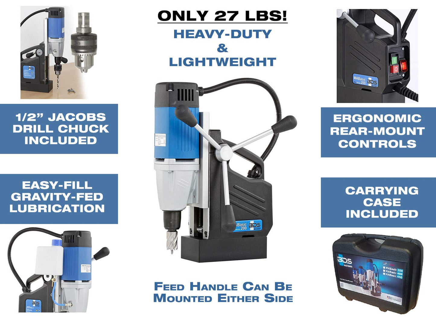 CS Unitec | MABasic 200 | Single-Speed Portable Magnetic Drill. Max Hole Capacity 1-3/8" Diameter, 8.2 Amp, 110 Volts, 450 RPM - Made in Germany