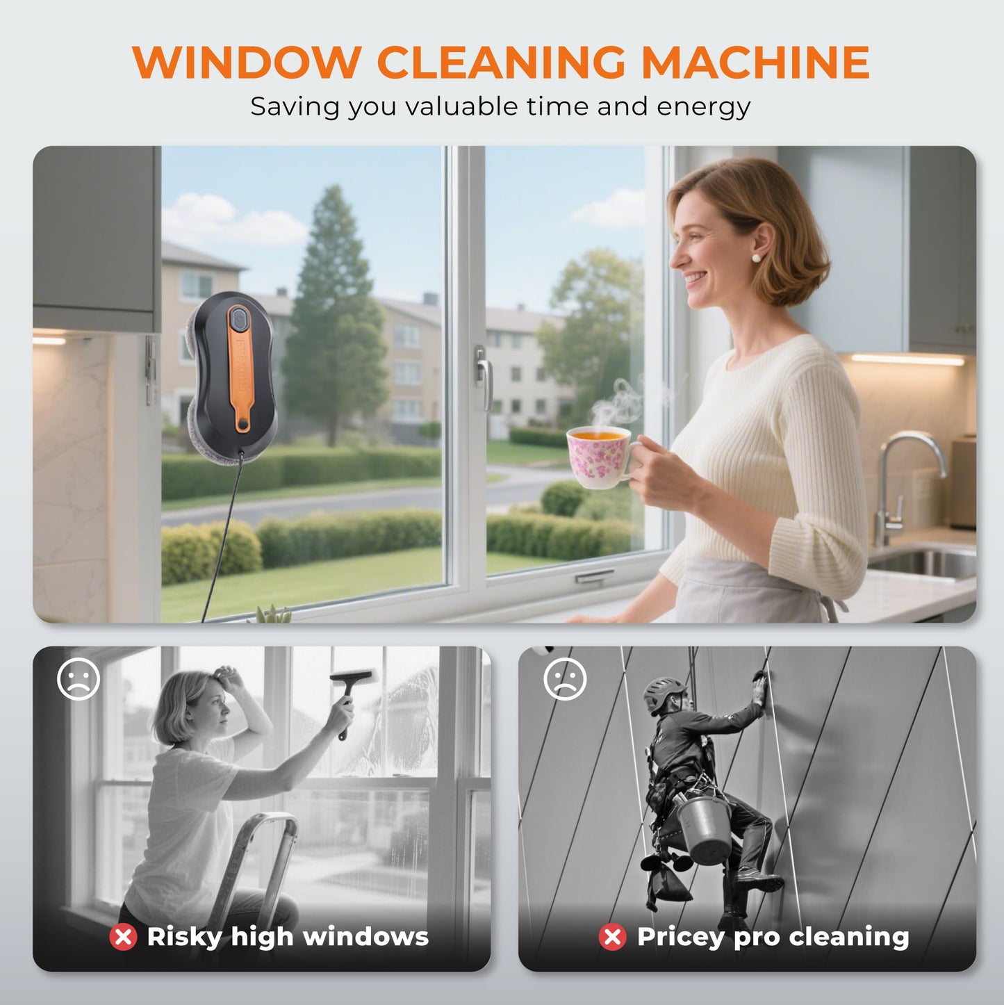 FRUITEAM Window Cleaning Robot with Dual Water Spray, APP and Remote Control, Automatic Window Cleaner with Leather Belt for Frame Glass, Triple Safety System, Smart Path Detection