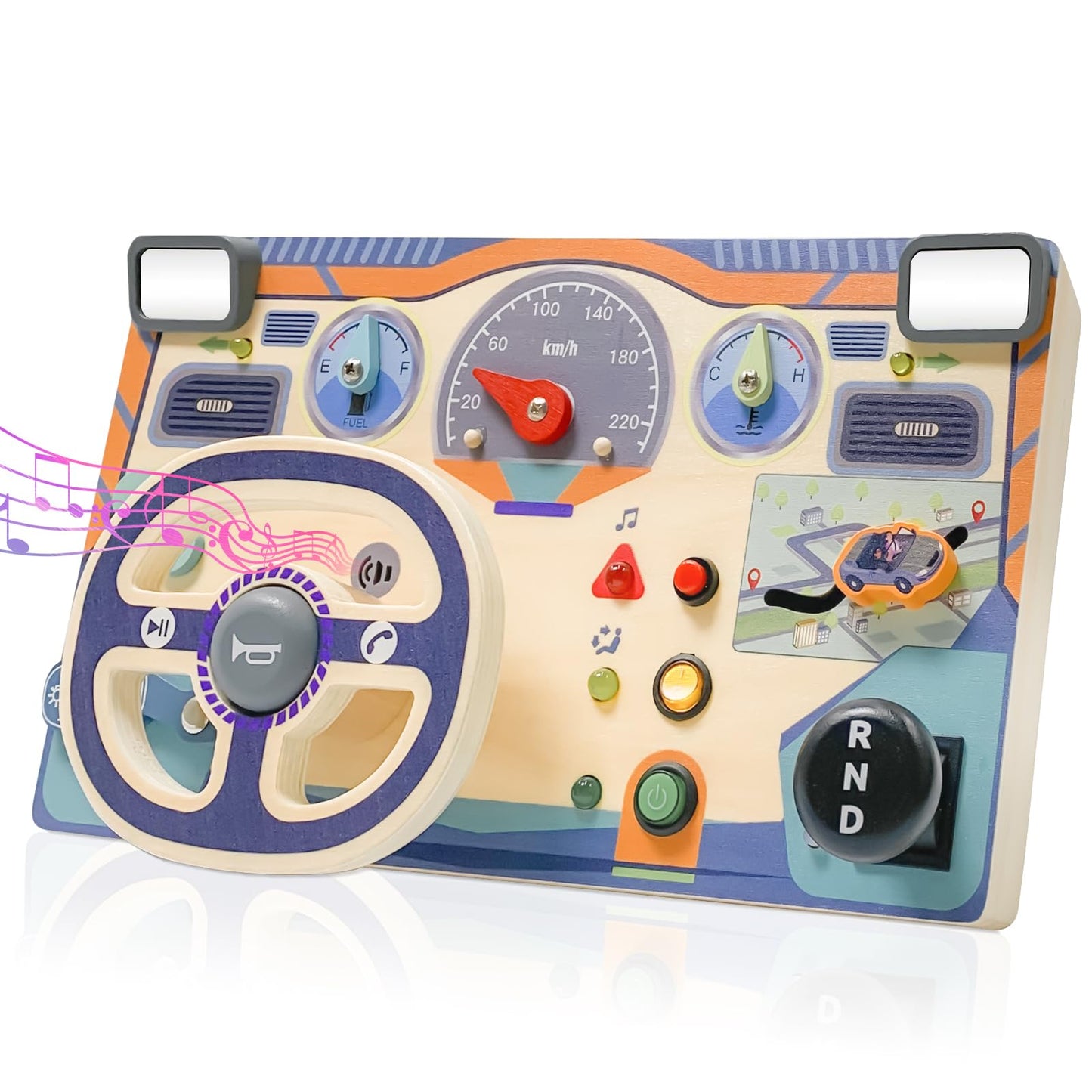 ZJEFUNS Montessori Toddler Toys Busy Board with Led Light Interactive Wooden Dashboard Steering Wheel for 1 2 3 4 Year Old Sensory Toys Toddler Activities for Boys Girls Gift