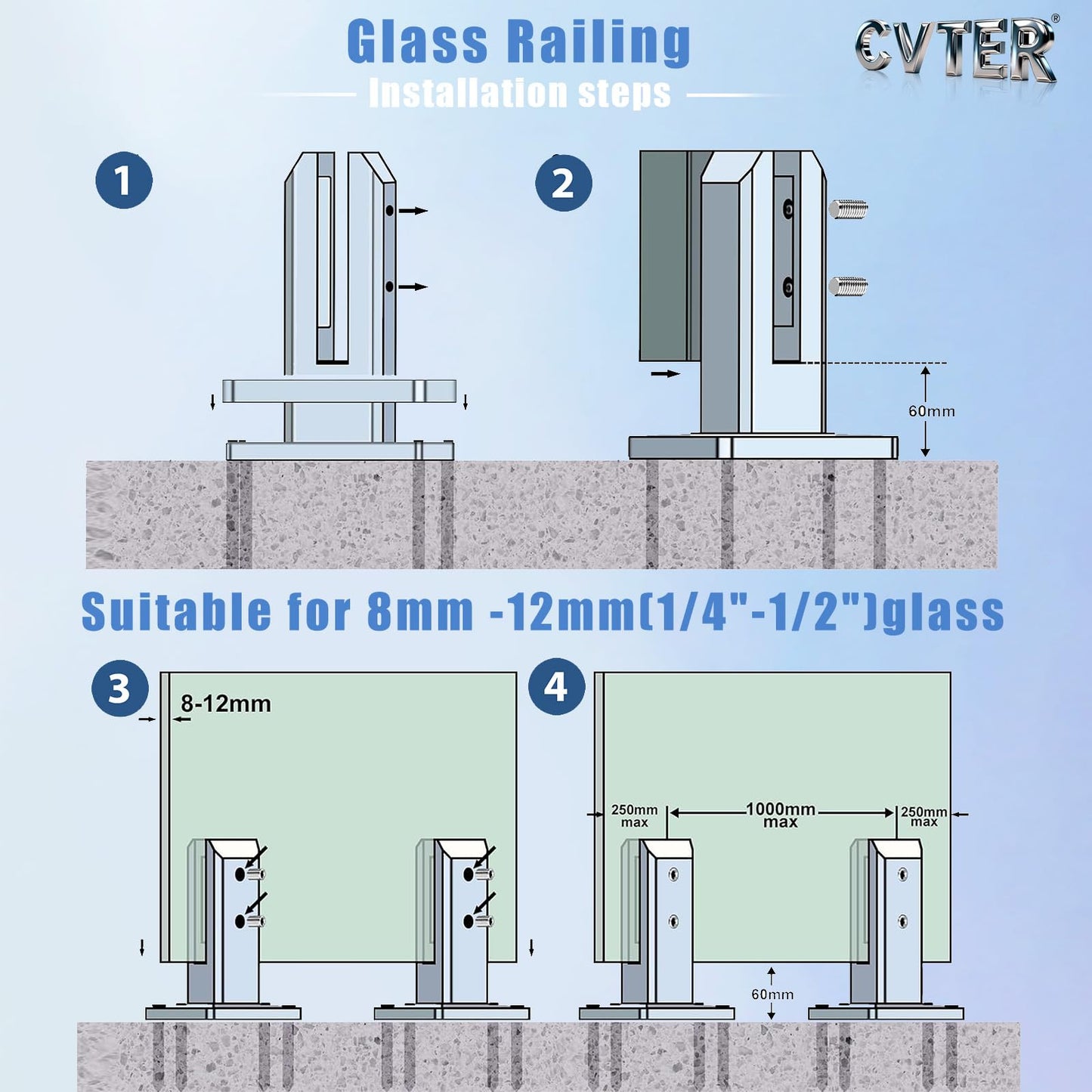 Cvter Black Glass Railing Spigot, 10 Pack, Heavy Duty Glass Clamp Post, 304 Stainless Steel Railing System for Stairs Balusters/Pool/Balcony/Patio/Deck (Net Weight 2.31lb)