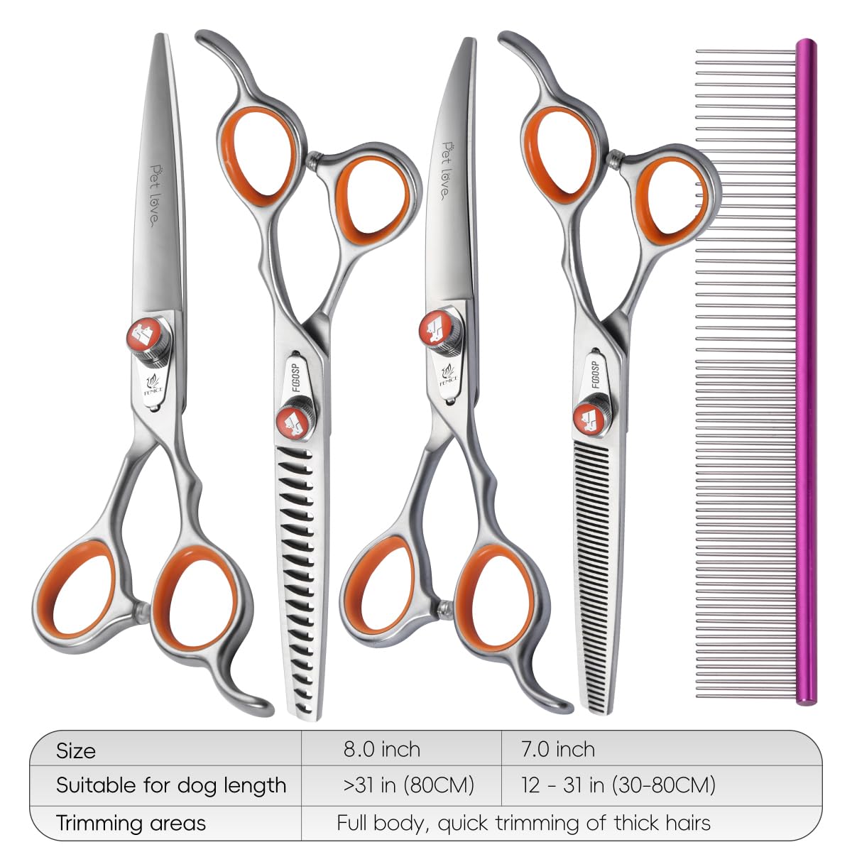 FOGOSP Professional Dog Grooming Scissors Kit Japan 440C Stainless Steel 7 in Curved Thinning Straight Chunker Shears and Comb 5pcs Set for Grooming Dogs Cat Pet