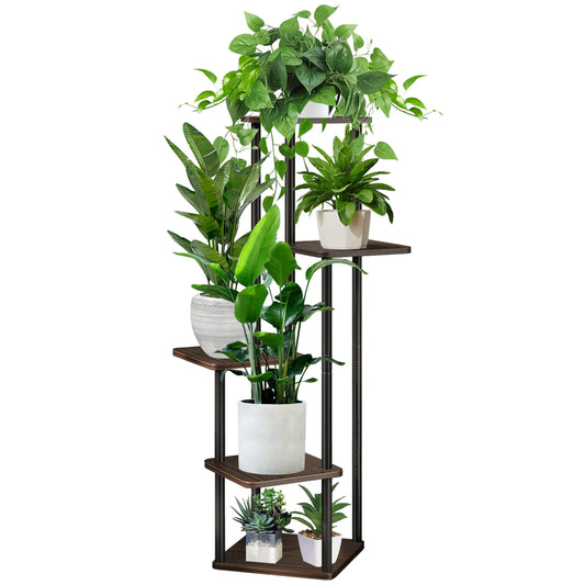 YOCOMEY 5 Tier Plant Stand Indoor, Thickened Metal Wood Corner Plant Shelf Stands for Multiple Plants, Indoor Tall Plants Stand Tiered Flower Holder for Living Room Patio Garden Balcony(Black+Oak)