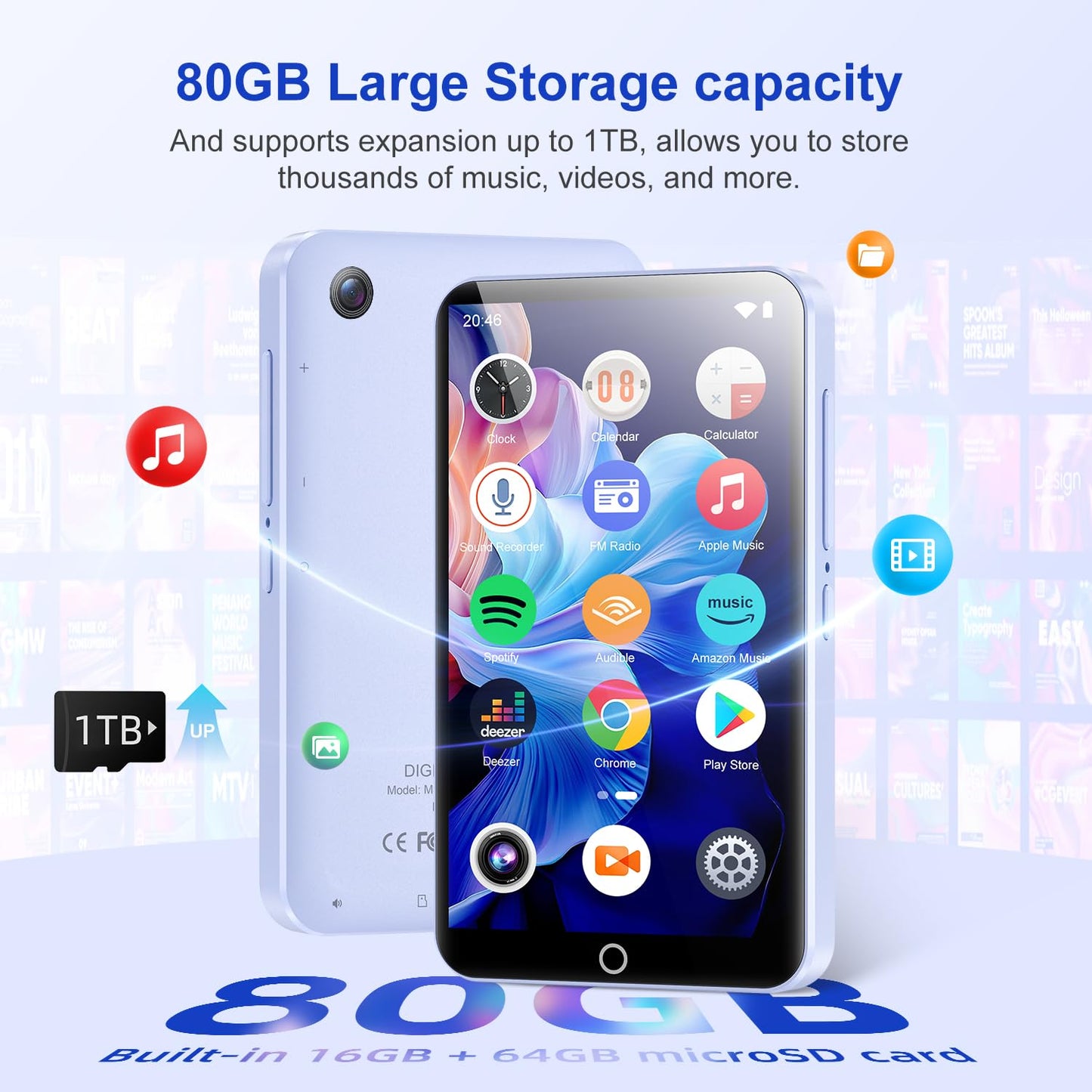 MP3 Player with Bluetooth and WiFi, 80GB MP3 & MP4 Players with Camera, Android MP3 Player with Spotify Amazon Music Deezer Audible, 4.02" Touchscreen HiFi Music Player for Kids with Speaker, FM Radio