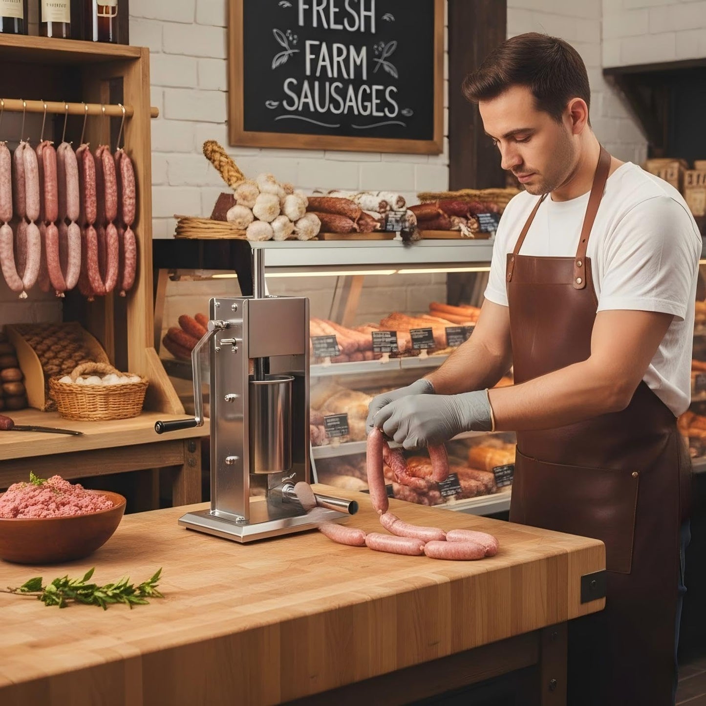 YBSVO 7-Lb Vertical Sausage Stuffer, Stainless Steel Manual Meat Filler with 2-Speed Gear & Air Release Valve, 3L Sausage Maker with 4 Stuffing Tubes for Home & Commercial Use