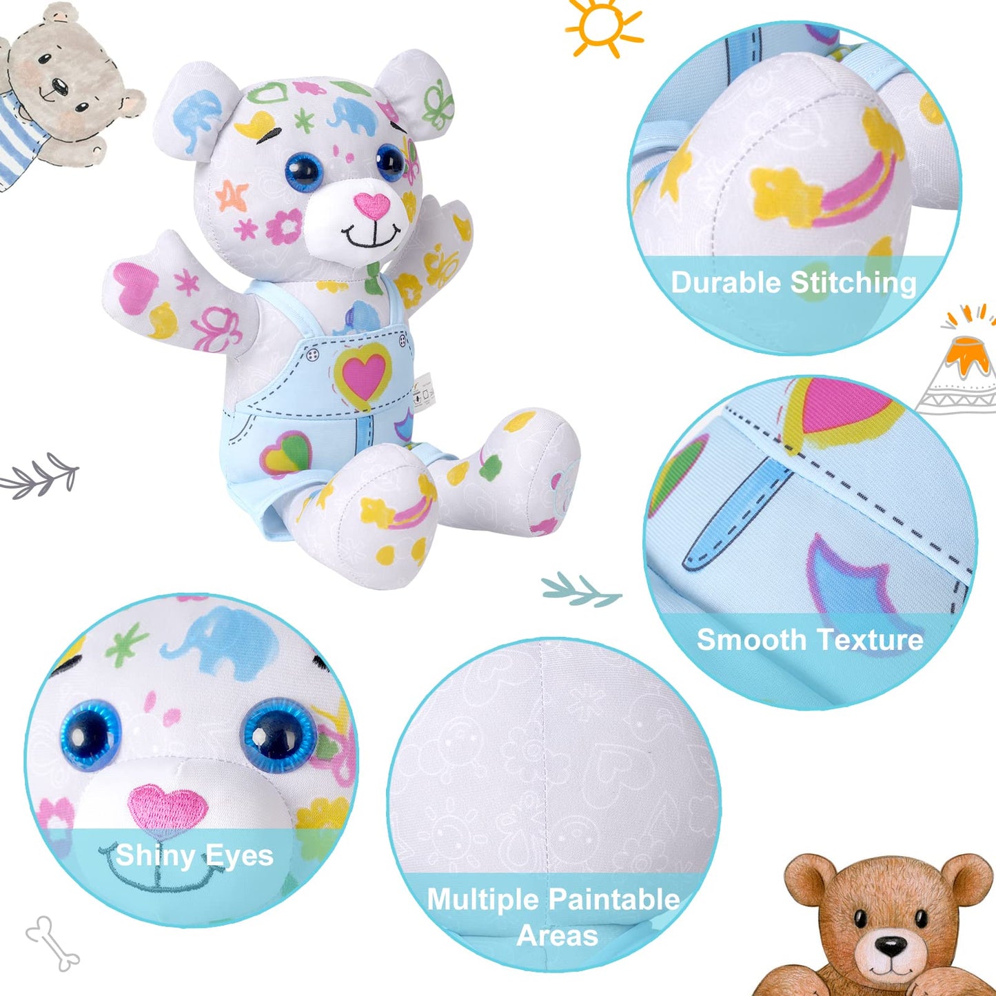 DRAWMYTOY DIY Coloring Plush Toy with Washable Markers, Scribble Pets Stuffed Animal, Doodle Dolls Art Toy for Boys and Girls Ages 3-8, Birthday Gift (Blue Bear Set)