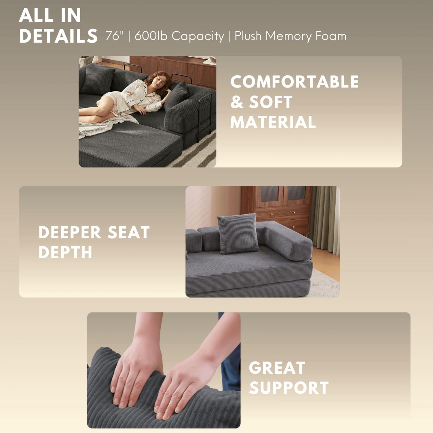 BRITEMART 4-in-1 Folding Convertible Sofa Bed, 77" Floor Couch with Pillow - Corduroy Fabric & High-Density Sponge & Fixed-Shape Frame, Modular Sofa for Living Room/Lounge/Studio, Dark Grey