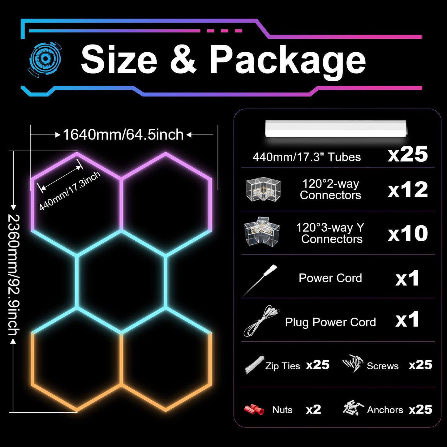 RGB Hexagon LED Light，Hexagon Garage Lights with Color Changing Modes, Dimmable Linkable Music Sync, Speed Adjustable Hex Lighting for Gaming Room, Bar, Club, Home Party, Music Studio, Gym (5 hex)