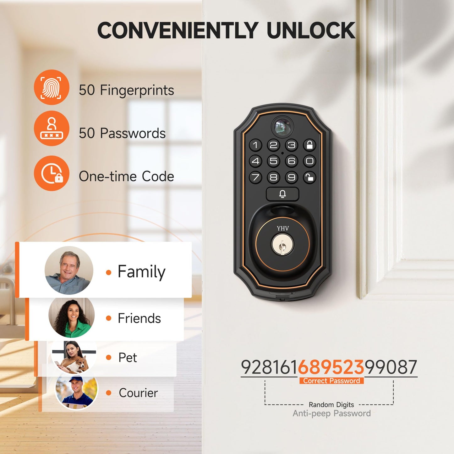 YHV Keyless Entry Door Lock with Camera Fingerprint Smart Door Lock with App Remote Control, Wi-Fi Connected Electronic Keypad Code Deadbolt Auto Unlock for Front Door