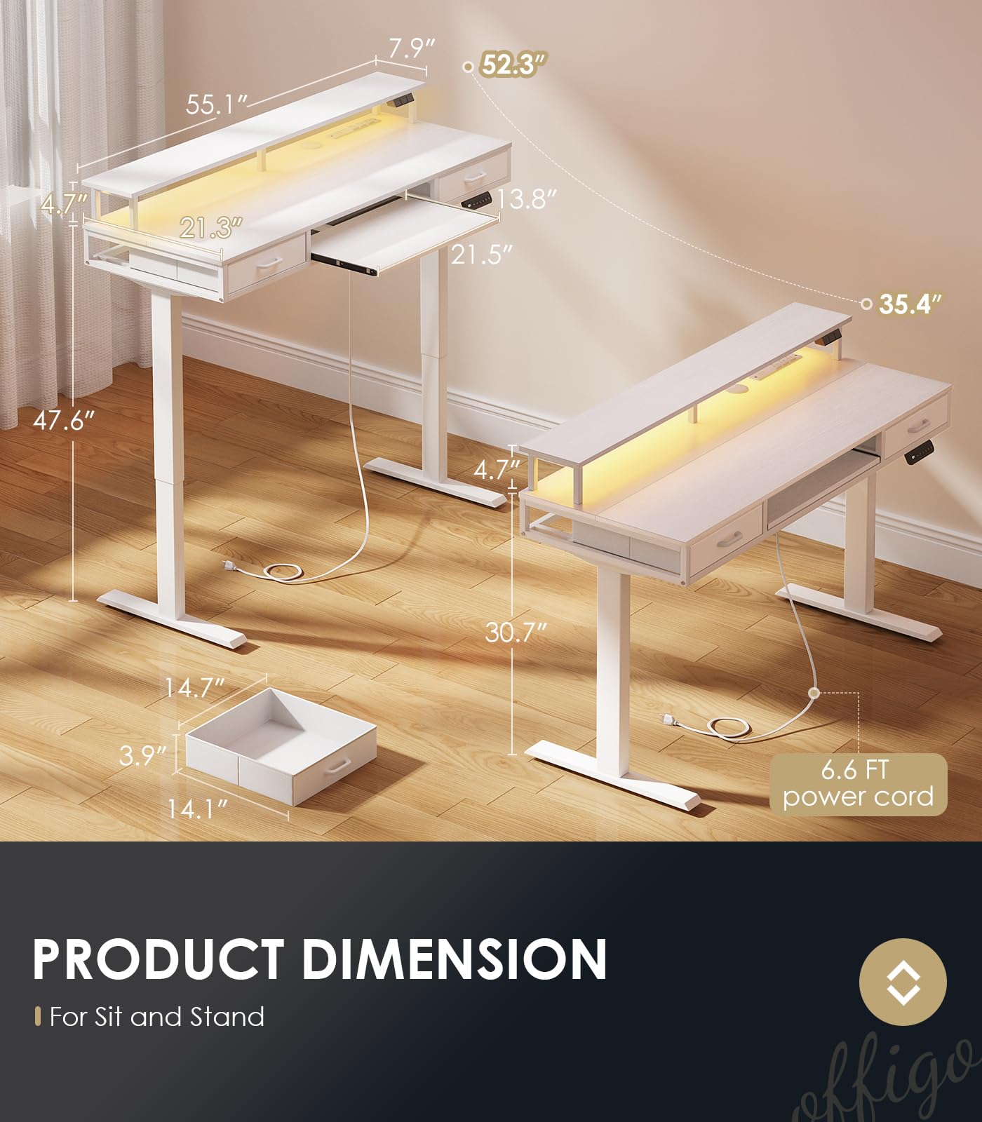 OffiGo Electric Standing Desk with Drawers & Keyboard Tray, 55 Inch Height Adjustable Desk with Power Outlets & LED Lights, Sit Stand Table with Monitor Stand for Home, Office, White