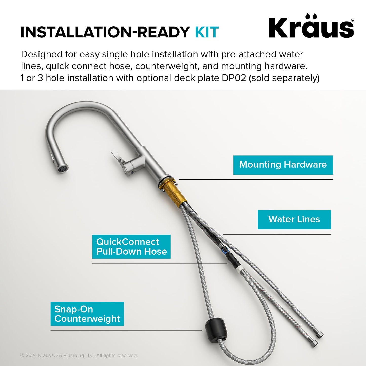 KRAUS Torak Pull Down Kitchen Faucet in Matte Black with 2 Function Sprayer, Pre-Attached Water Lines, and Mounting Hardware, KPF-2840MB
