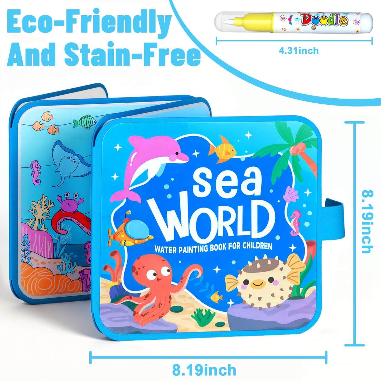 AIR BLOW Reusable Water Coloring Book for Kids, Magic Water Painting Books Toddler Travel Toys, Mess-Free Educational Activity Set, 3 Books with 3 Pens, Animal Ocean Transportation Daily Life YW1