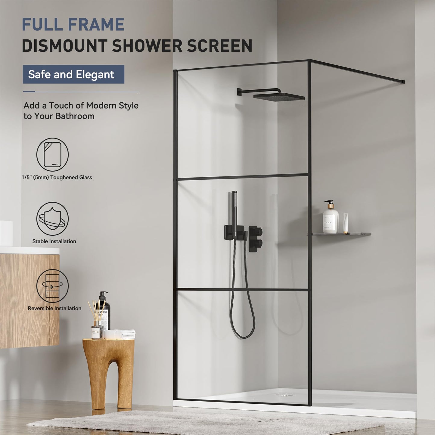 Findepot Fixed Shower Glass Panel 36" W × 75" H, 1/5"(5mm) SGCC Clear Tempered Glass Shower Door, Framed Bathroom Shower Screen, Matte Black, Adjustable Support Bars & 3 Pieces Divided Pattern