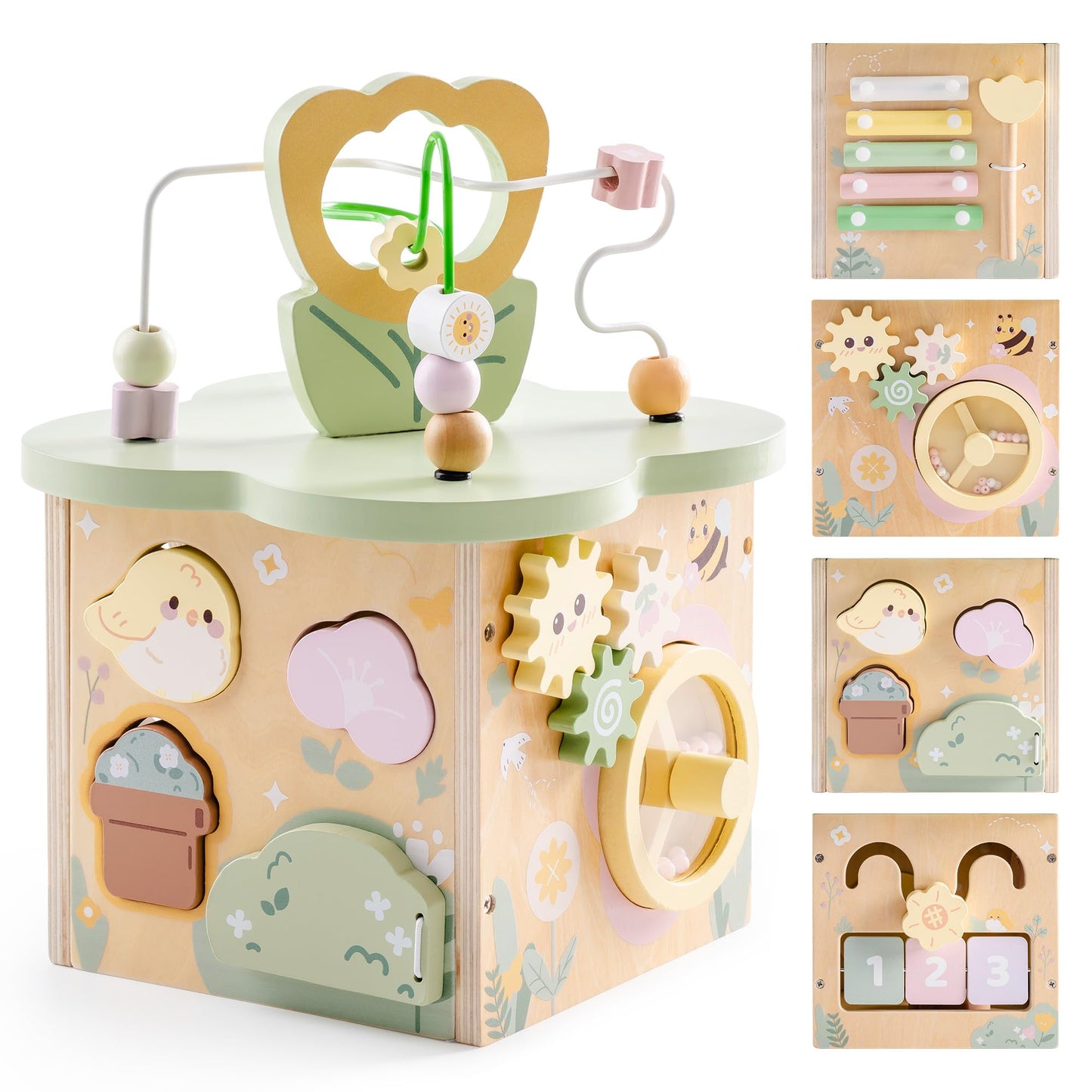 ROBUD Wooden Activity Cube, Educational Wooden Toys with 7 Functional Areas, Montessori Toys for 1+ Year Old Boys & Girls, Flower Bush Theme