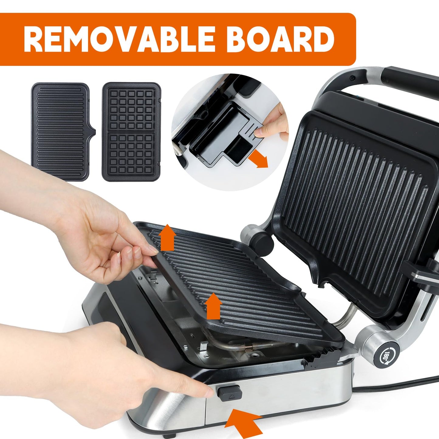 Panini Waffle Maker Combo | Panini Grill Press Sandwich Maker, Smokeless Indoor Grill, 1600W, 180° Open, Removable Plates, Stainless Steel, Ideal Kitchen Gift for Steak, Hamburger, Waffle