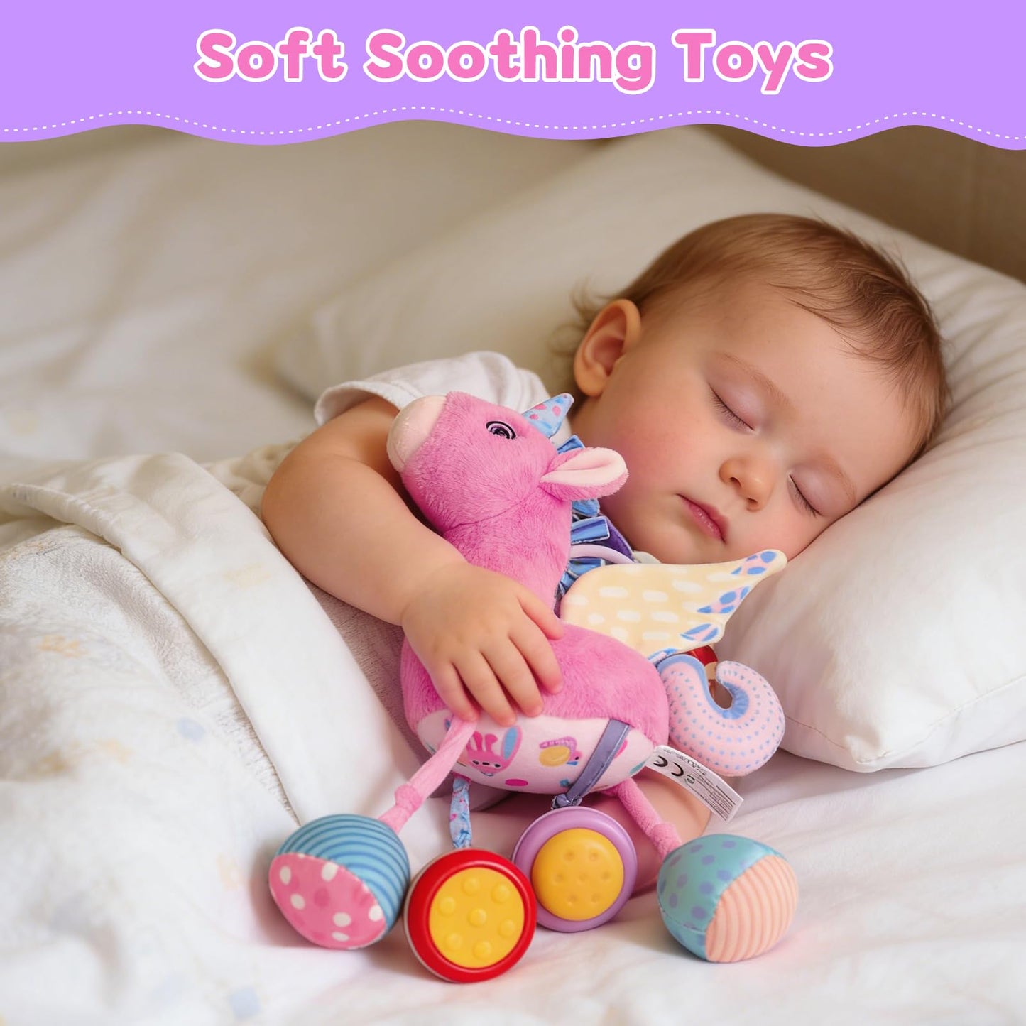 MPQMPQ Car Seat & Stroller Toy for Girl - Musical Sensory Plush with Rattle & Mirror Baby Toys 0-12 Months Hanging Travel Carseat Toys Soft Squeaky Stuffed Animal Unicorn for Babies Gifts