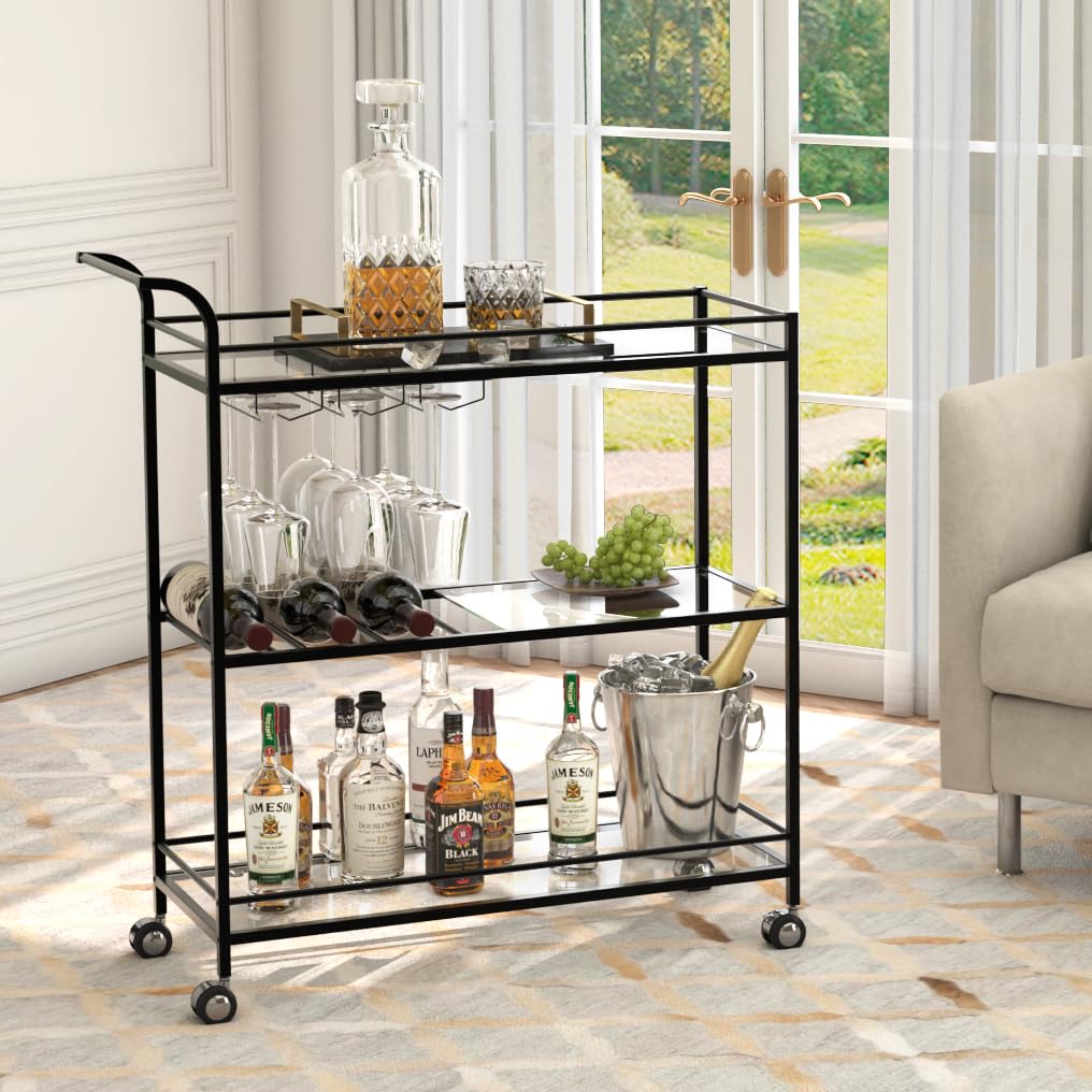 Alihdrna Black Bar Cart, Home Bar Serving Cart with Handle, Wine Cart with 3-Tier Glass Shelves, Beverage Cart with Wine Rack and Glass Holder, Bar Carts for The Home, Dining Room, Living Room