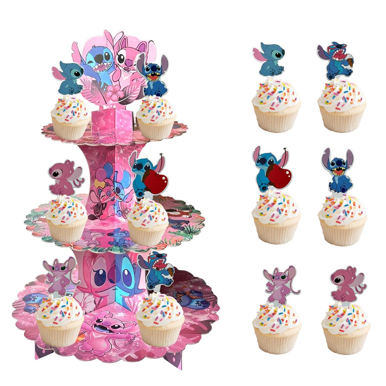 3-Tier Cupcake Stitch Pink Stand with 24Pcs Cupcake Toppers Stitch Birthday Decoration Party Supplies
