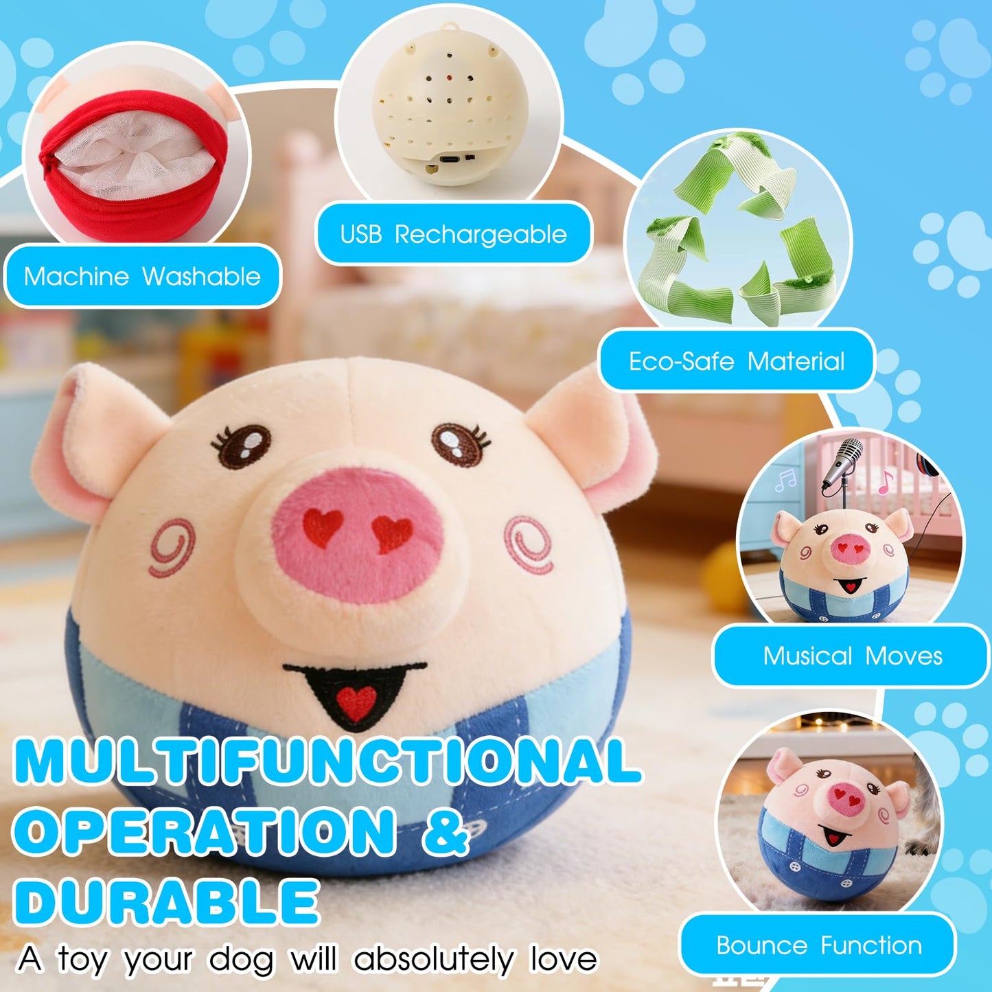 methill Interactive Dog Toys, 2026 New Active Moving Pet Plush Toy, Rechargeable Squeaky Dog Ball Toy with Talking Sound, Washable Bouncing Piggy Toy for Dogs Puppies (Red)