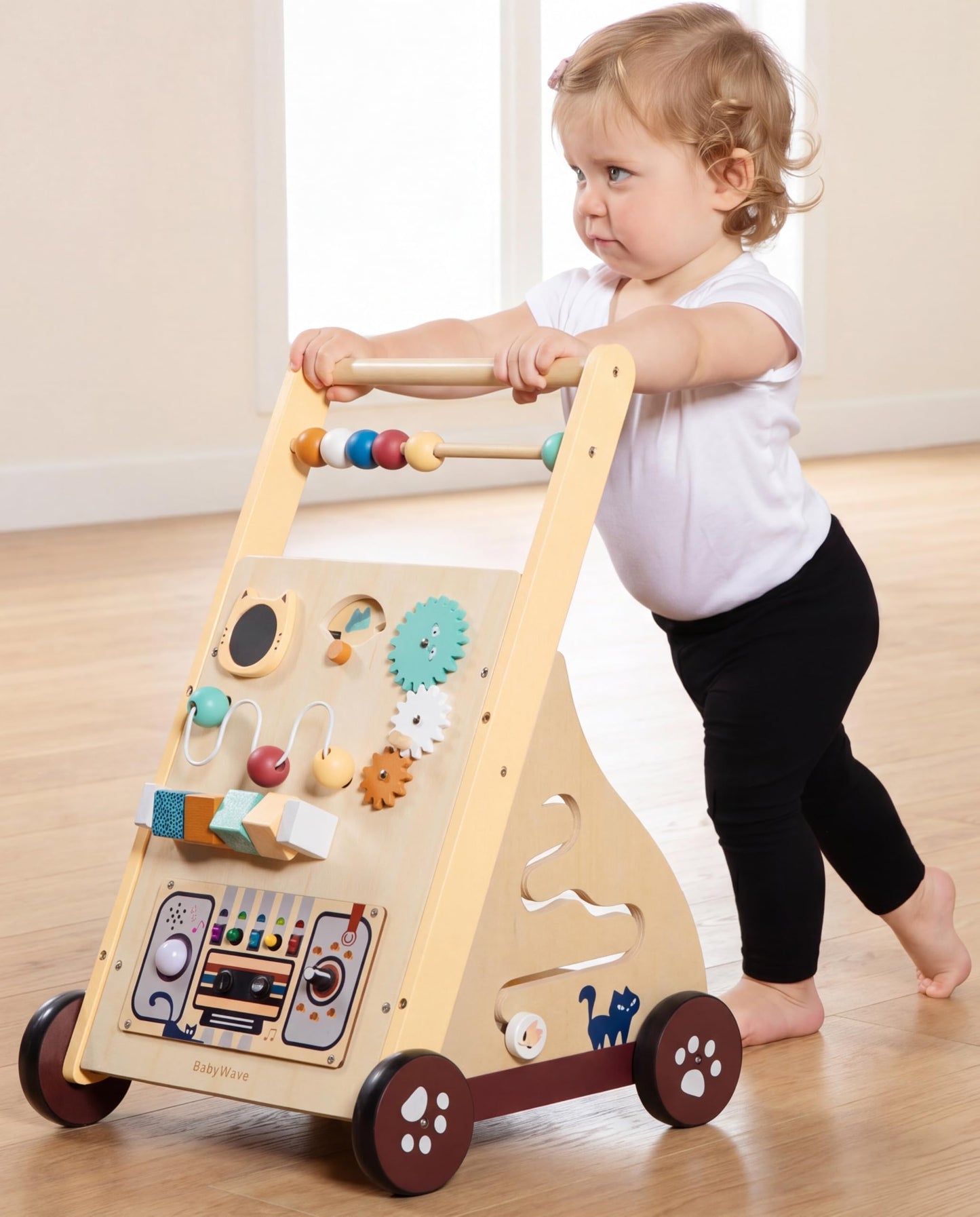 Wooden Baby Push Walker with Musical Activity Busy Board – 2-in-1 Montessori Learning Toy with Adjustable Speed, Bead Maze, Shape Sorter & Gear Wheels | Walk & Play Toy for Toddlers 9 –18 Months