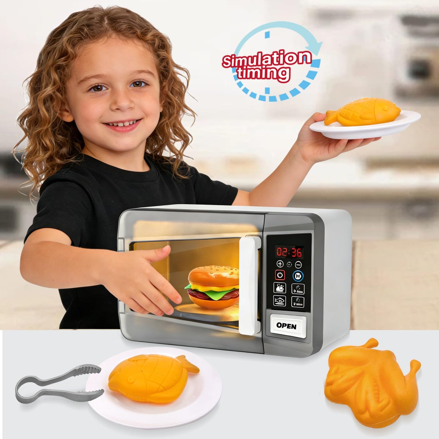 Microwave Oven Toy Kids Kitchen Playset High Simulation Accessories Ornaments Pretend Play Appliance Set for Toddlers, Cookware Toy Set for Girls Boys Birthday Gifts