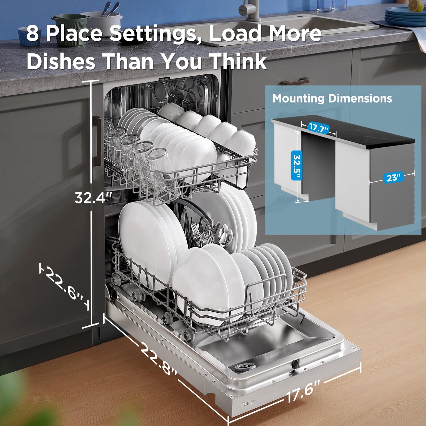 Midea MDF18A1AST Built-in Dishwasher with 8 Place Settings, 6 Washing Programs, Stainless Steel Tub, Heated Dry, Energy Star