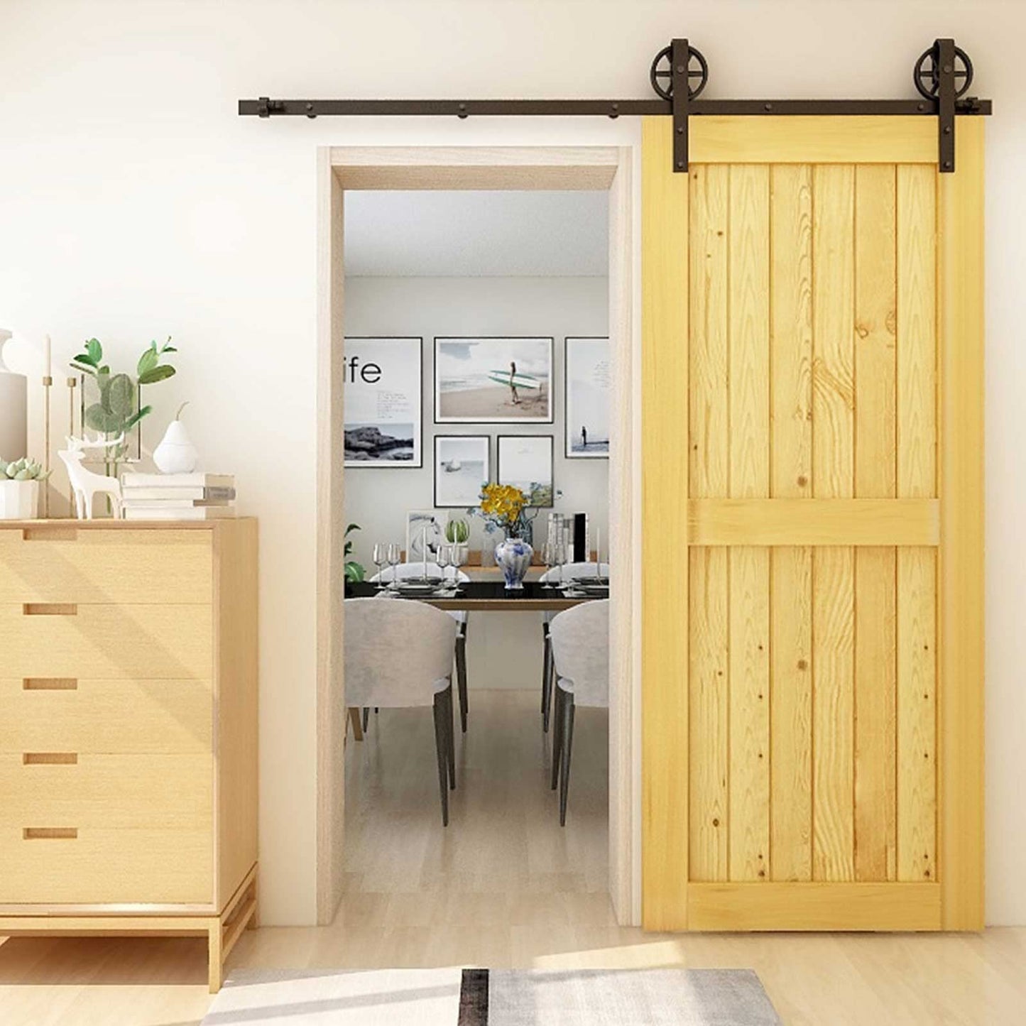 CCJH 20ft Heavy Duty Sturdy Sliding Barn Door Hardware Kit -Smoothly and Quietly -Fit 120 inch Door Panel (Big Spoke Wheel Hanger J Style)