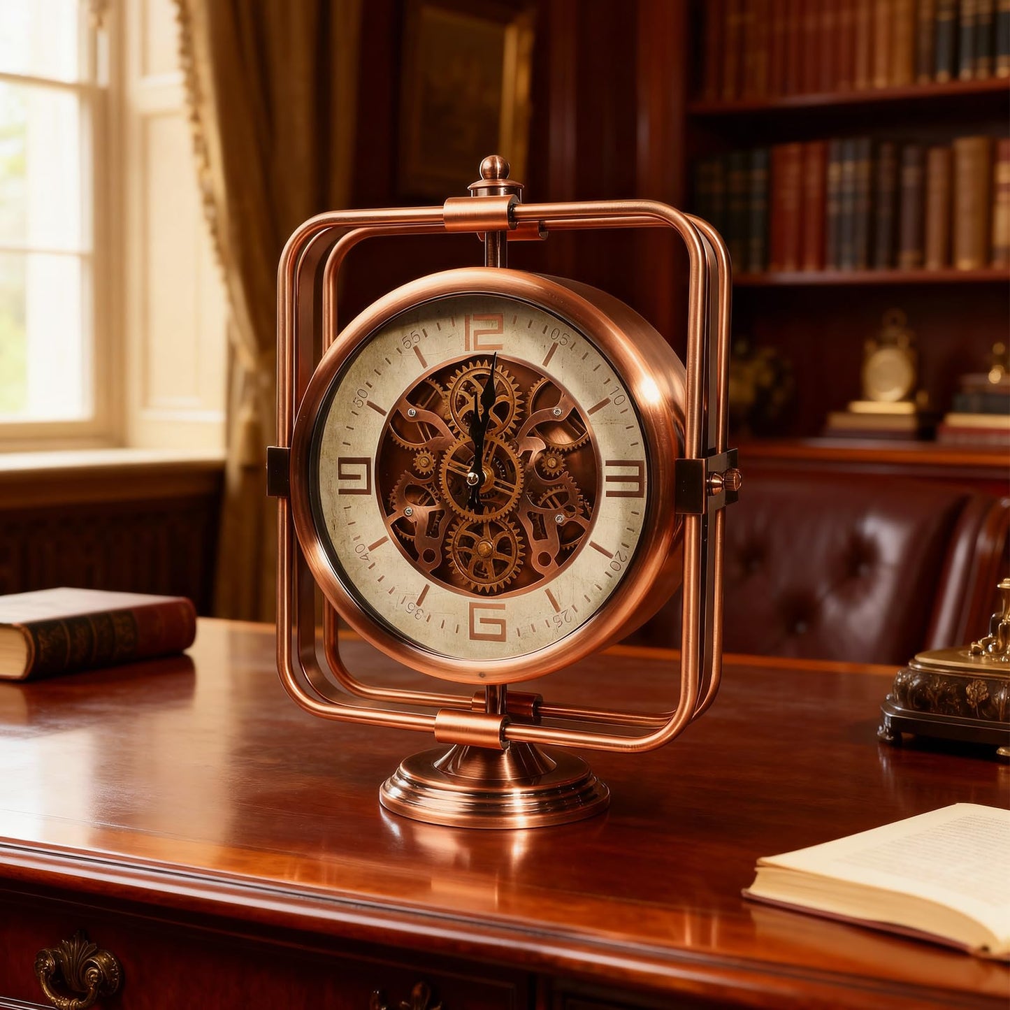 DORBOKER Moving Gears Desk Clock, Mantle Clock, Industrial Steampunk Art Decorative Clocks for Living Room Farmhouse Offcie, Christams Gifts Ideas for Father Boss Senior Friend (11inch-Red Copper)
