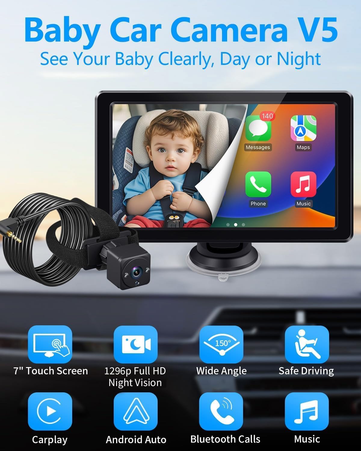 Faninso Baby Car Camera, 1296p HD, Car Baby Monitor with 7" Touchscreen, CarPlay, No-Glow Night Vision, 150° Wide Angle, Live Rear Seat View, Easy Installation, Fits Most Cars