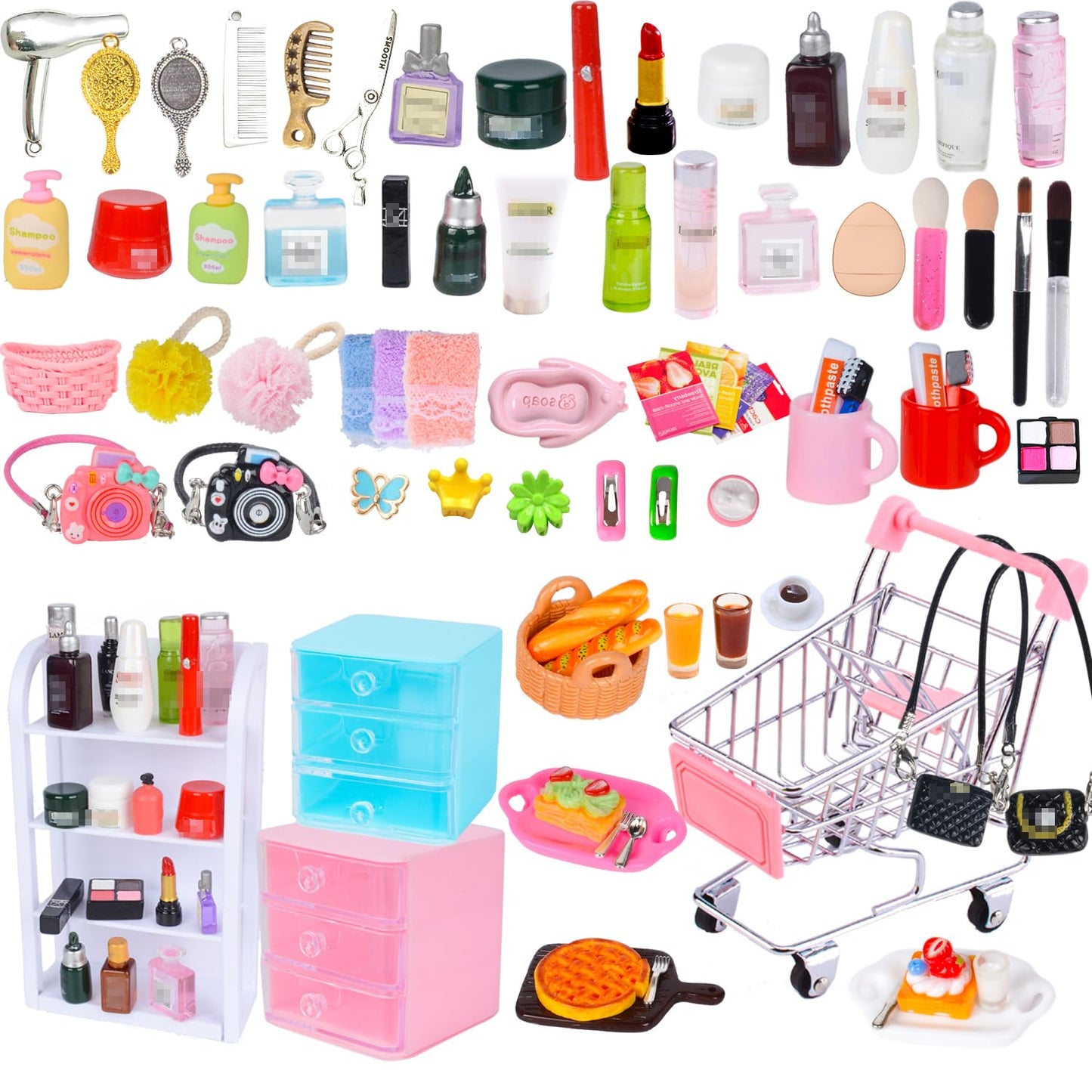 U-Zimikee 100 Pcs Dollhouse Mini Cosmetic Set，Miniature Bathroom Accessories，Mini Makeup Pretend Play Gifts for Girls，Jewelry Storage Case Shelf Handbag Camera Toiletries Dollhouse DIY Micro Scene
