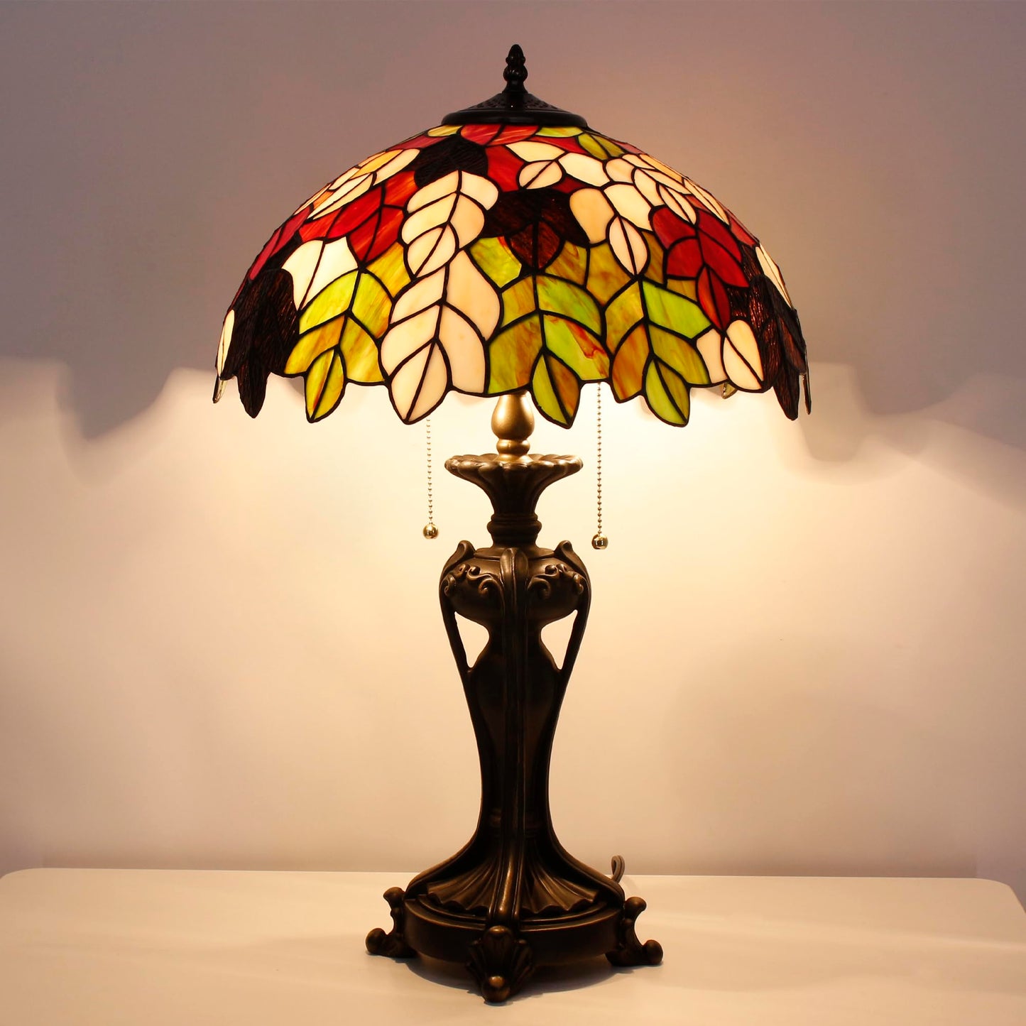 ANYONGLU Tiffany Lamp(2 Lights) Stained Glass Table Lamp Bedside Desk Reading Light 16X16X24 Inch Decor Bedroom Living Room Home Office (Maple Leaf)