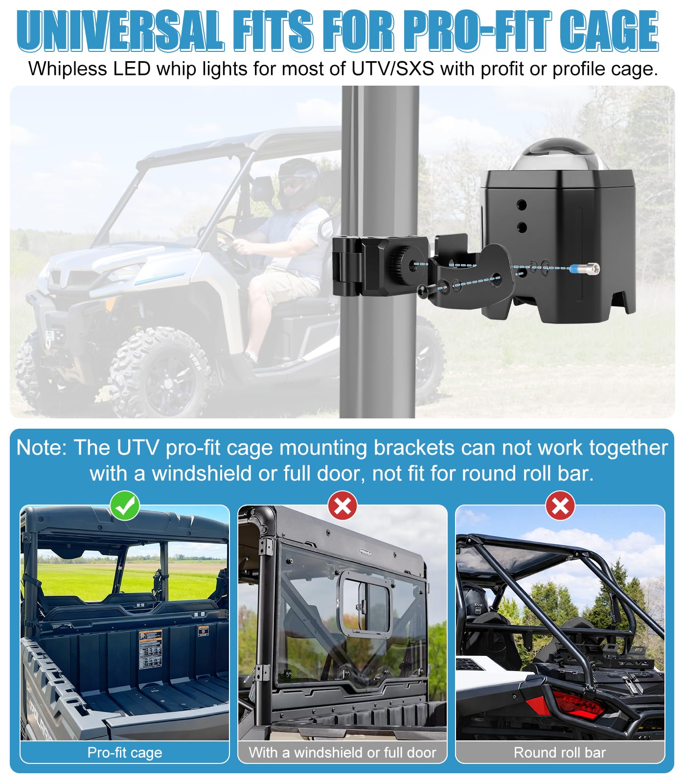 Drieaco 70mm RGBW Whipless LED Whip Lights for Side by Side with Rocker Switch & Remote & Pro-fit Roll Cage Mount, Alien Laser Antenna Light fit for UTV Can-Am Maverick Commander Polaris Ranger CFMOTO