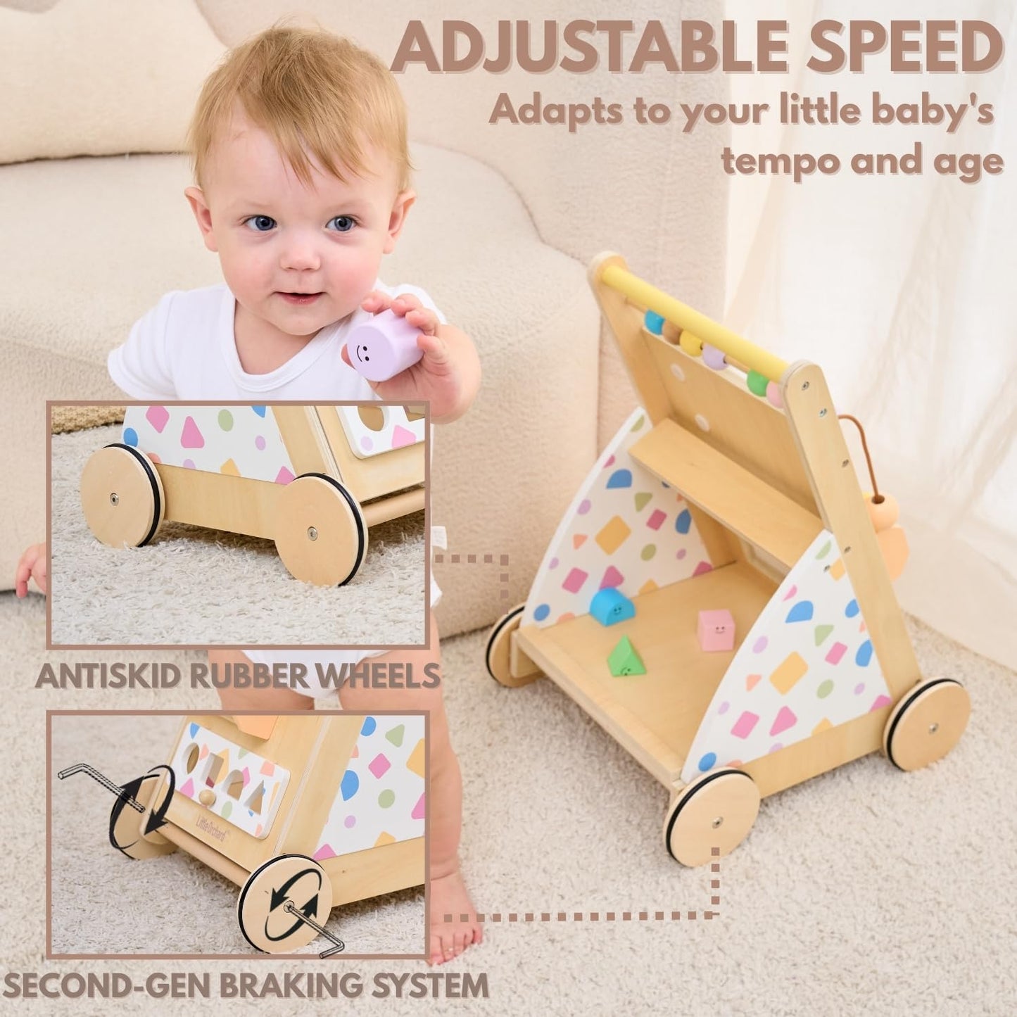 Little Orchard Baby Wooden Baby Walker with Upgraded Adjustable Speed Control, Montessori Activity Push Walker with Wheels, Baby Walker Toy for Toddlers, Gift for Boys & Girls 1 Year Old