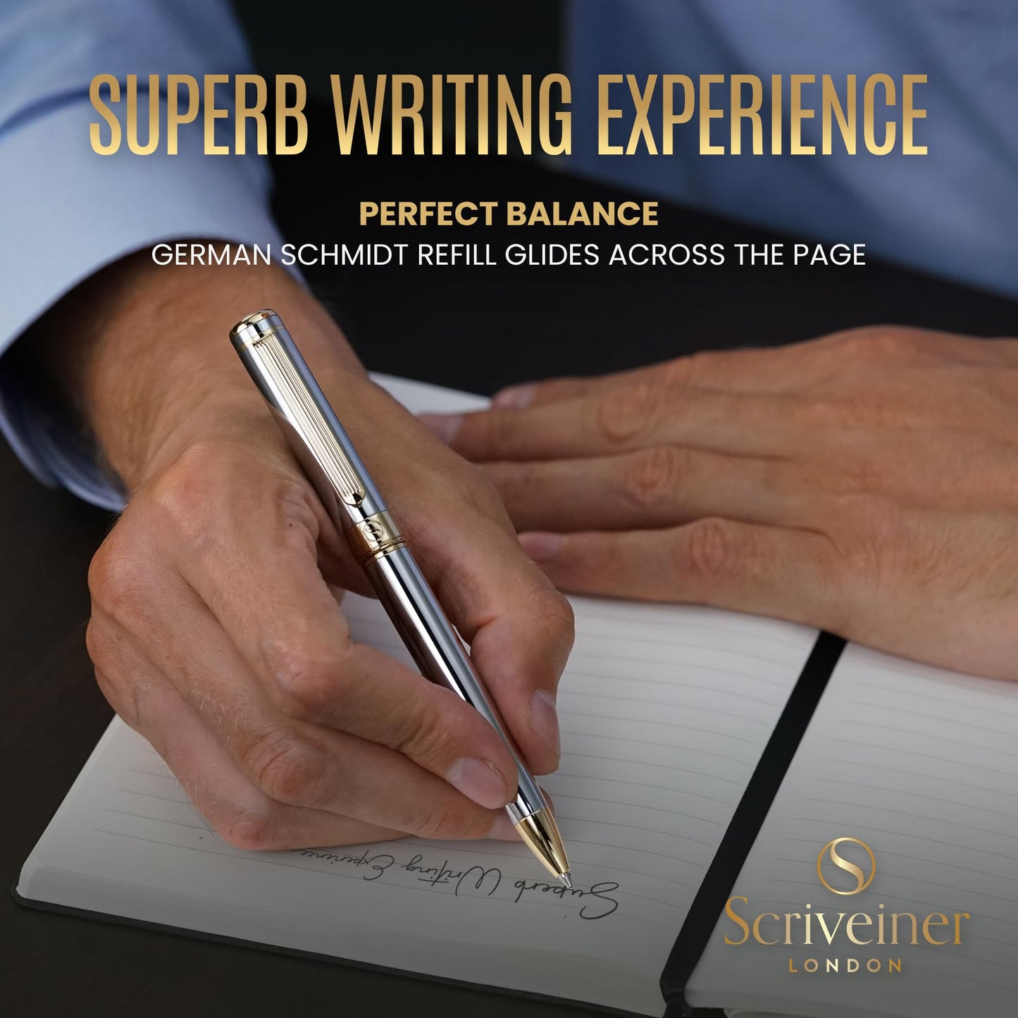 Scriveiner Silver Chrome Ballpoint Pen - Stunning Luxury Pen, Real Gold Plating, Schmidt Black Refill, Best Ball Pen Gift Set for Men & Women, Professional, Executive, Office, Nice, Fancy Pens