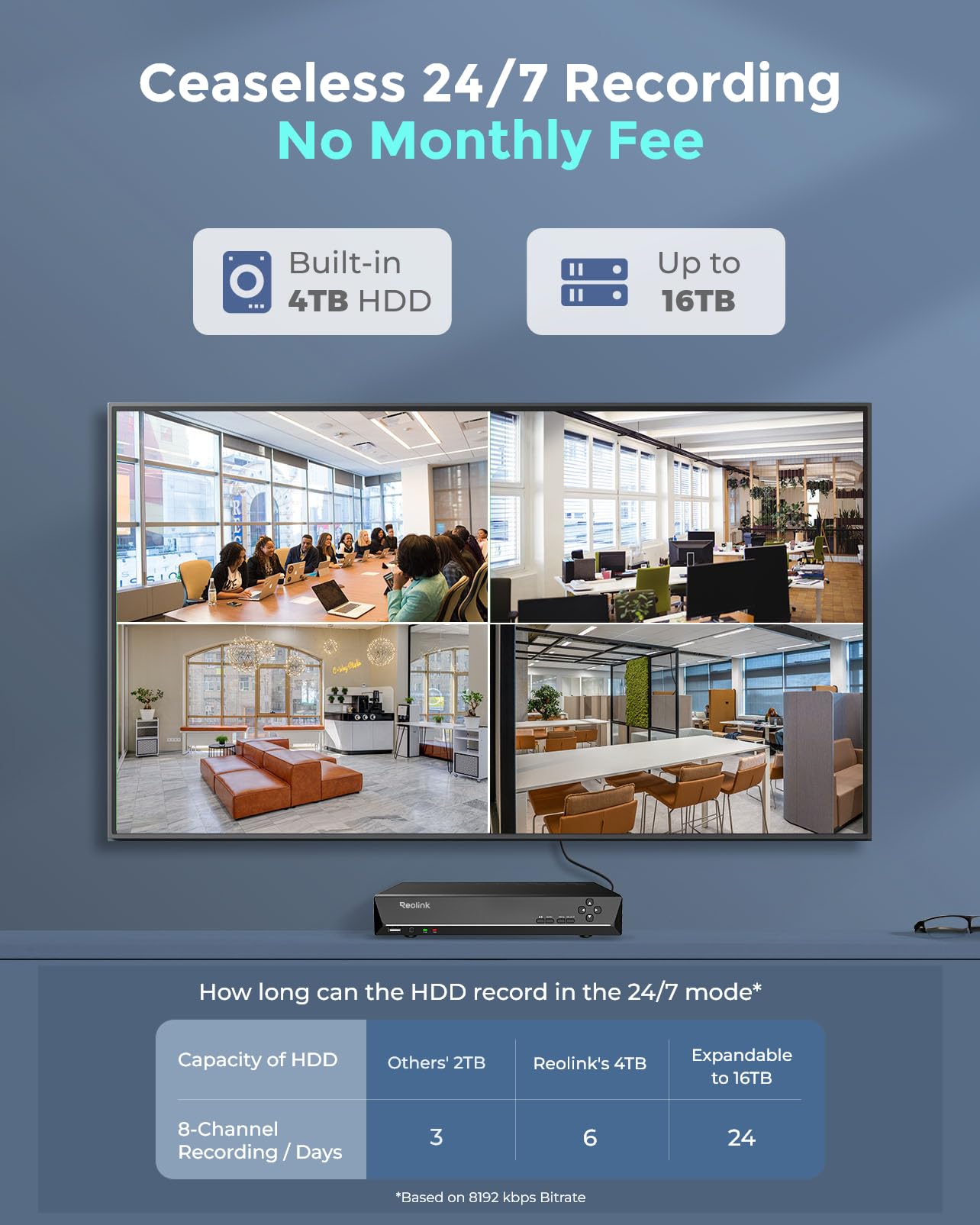 REOLINK 4K Security Camera System, RLK16-800B8 8pcs H.265 PoE Wired with Person Vehicle Detection, 8MP/4K 16CH NVR with 4TB HDD for 24-7 Recording