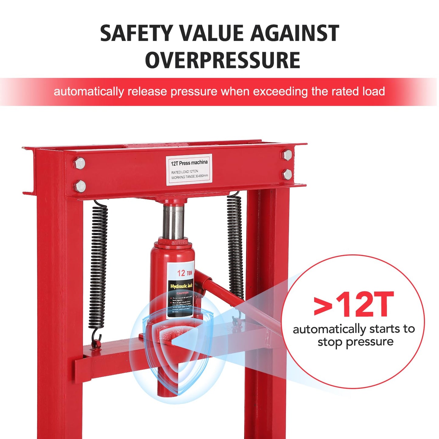 12 T Hydraulic Shop Press, H-Frame, 8-Hold Adjustable Height, with Movable Plates and Dust Cover, for Garage or Professional Users, Red