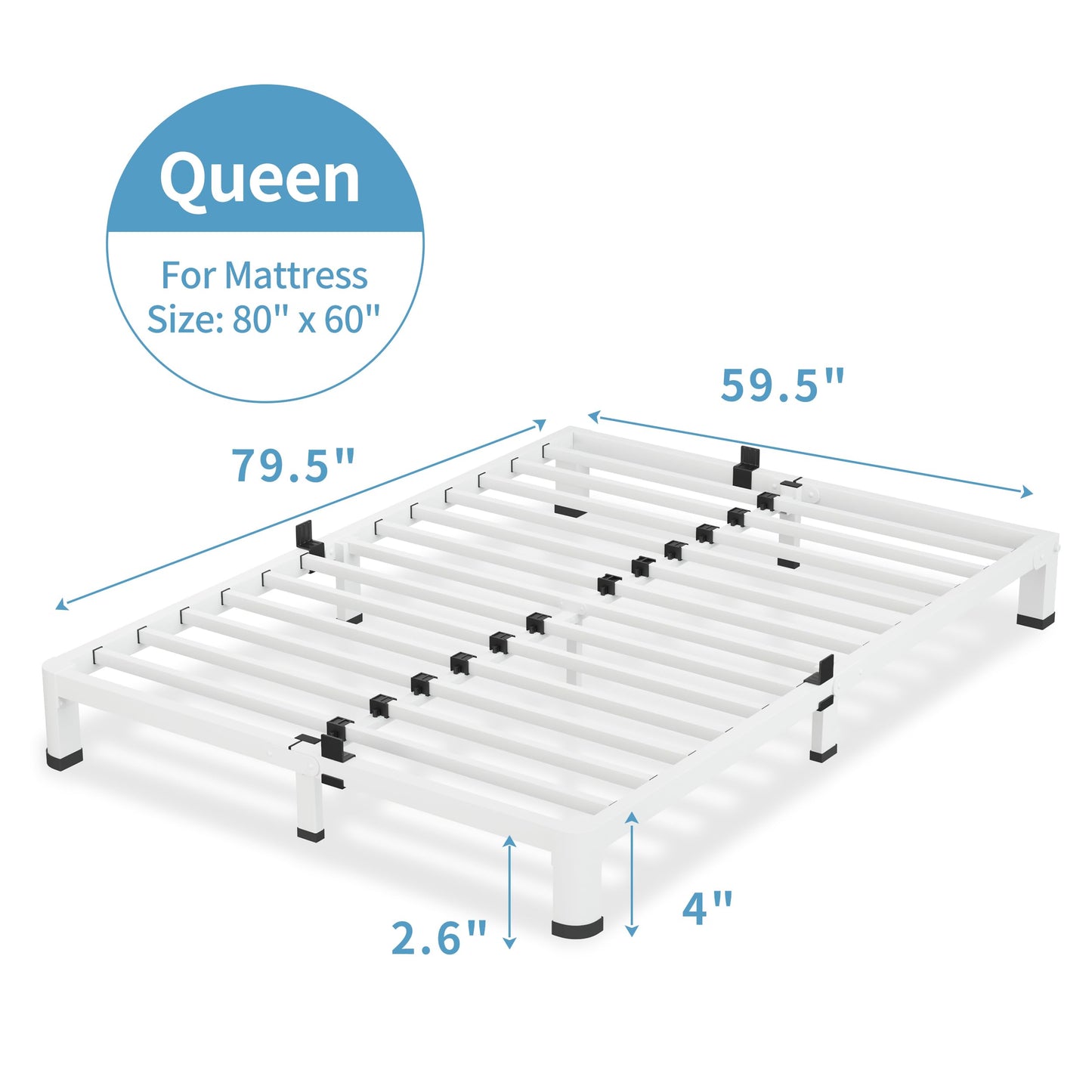 VIPSHOW 4 Inch White Queen Bed Frame, 3500Lbs Heavy Duty Metal Platform with Round Corner Legs Mattress Slide Stopper, Steel Slat Support No Box Spring Needed, Noise Free, Non-Slip, Easy Assembly
