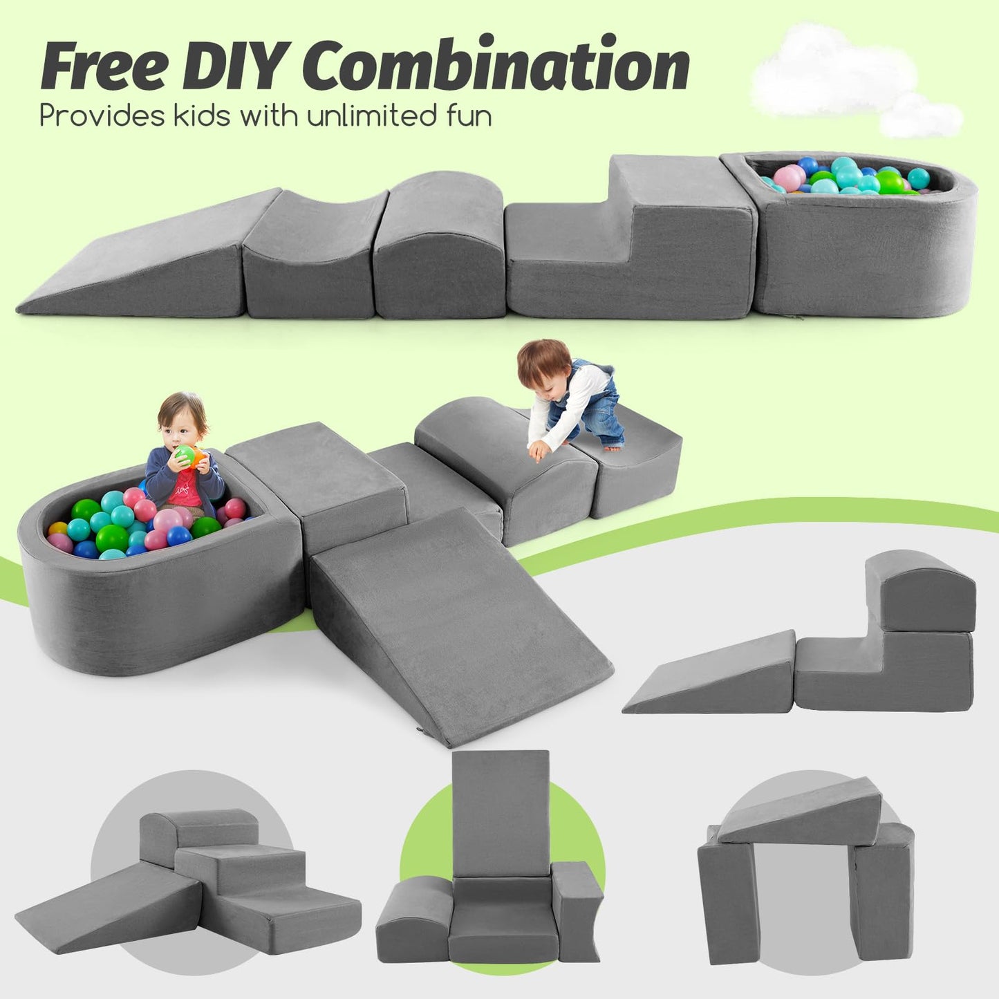 Costzon Toddler Climbing Toys Indoor, 5 Pieces Foam Climb and Crawl Playset w/Kids Ball Pit & Detachable Machine-Washable Covers for Playroom Children Room, Soft Play Climbing for Toddlers (Gray)
