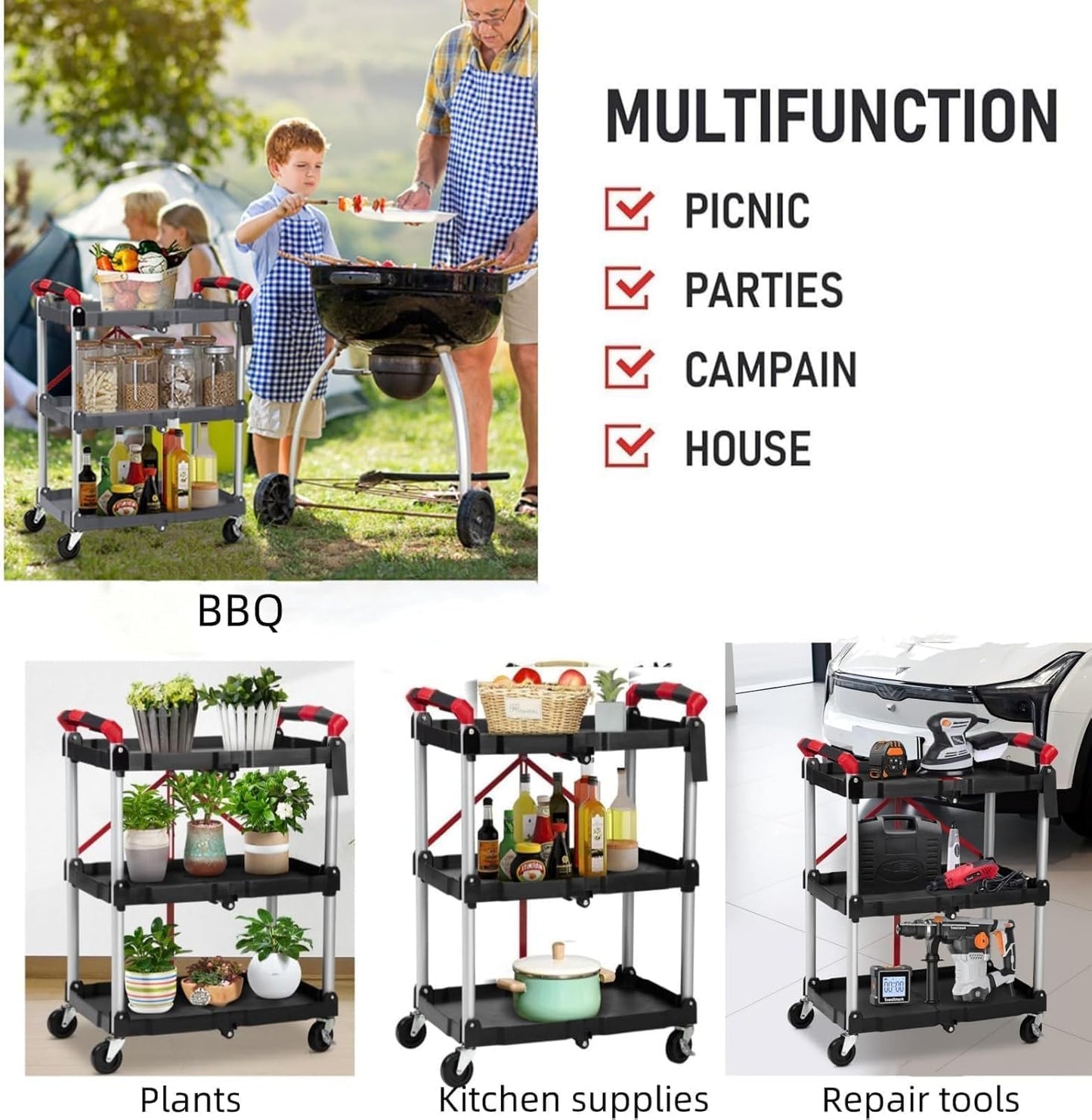 3 Tier Rolling Cart, 167 Lbs Foldable Utility Service Cart, Portable Utility Cart with Lockable Universal Wheels, No Installation Required, Suitable for Warehouse, Garden, Office, Kitchen