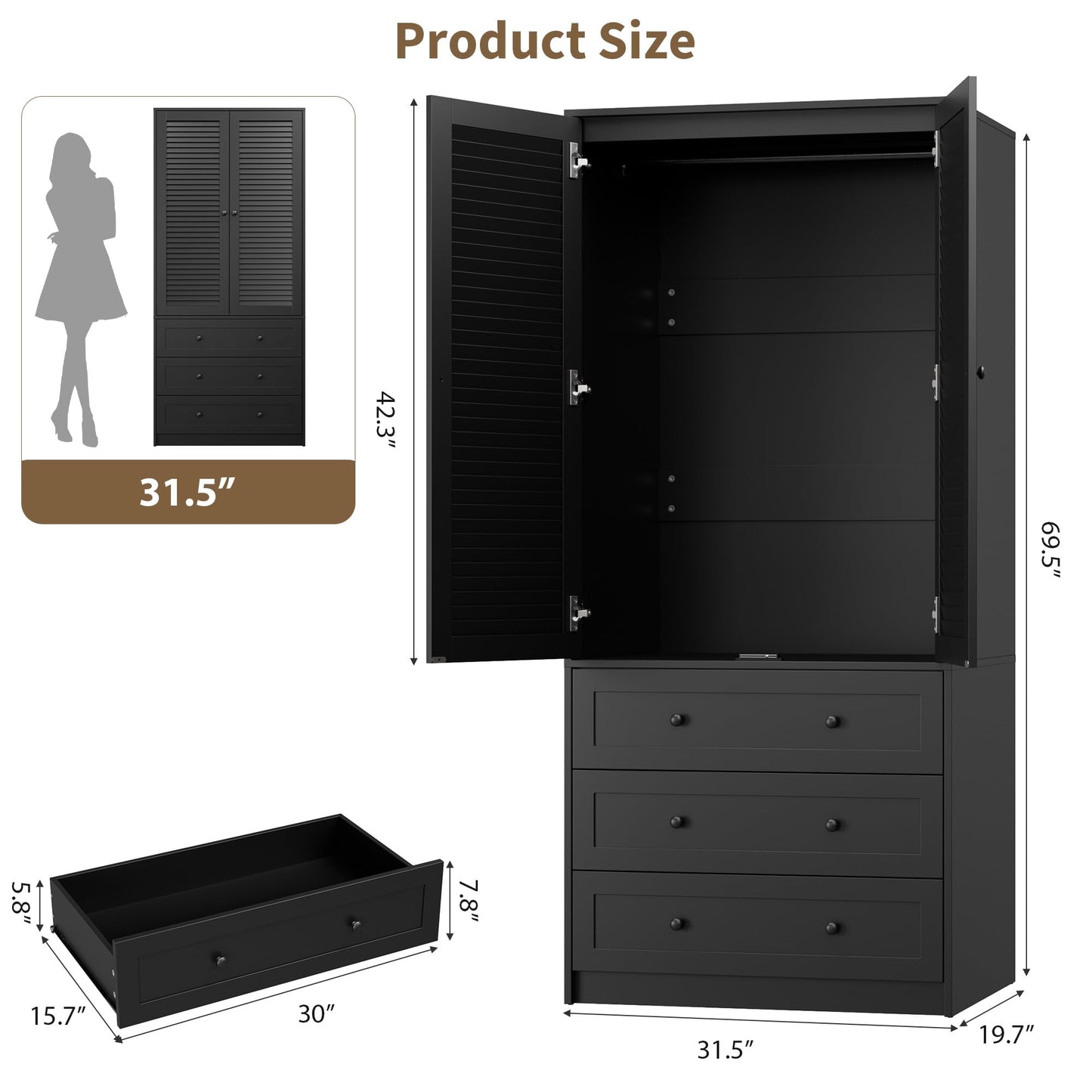 GarveeHome Armoire Wardrobe Closet with Drawers, 69.5 in Wooden Wardrobe Cabinet with Hanging Rod, 2 Doors Clothing Storage Cabinet for Bedroom, Large Capacity Storage, Louvered Door, Black