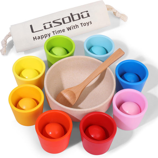 Lasoba Rainbow Balls in Cups Toddler Montessori Toys - Color Sorting Toys for Toddlers for 3 Year Old Up, Learning Color Sorting and Counting, Kids Preschool Wooden Matching Games (8 Balls, 1.4 in)
