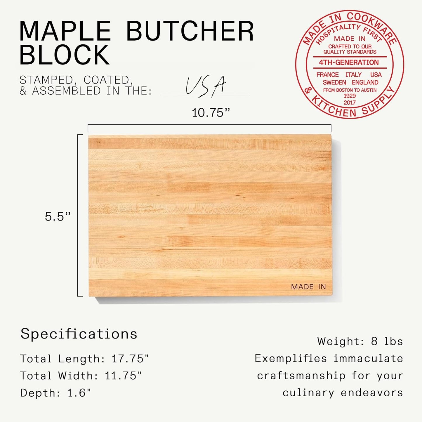 Made In Cookware | Butcher Block | Maple Wood | Thick Charcuterie Board with Side Handles | Crafted in USA | 17.75x11.75"