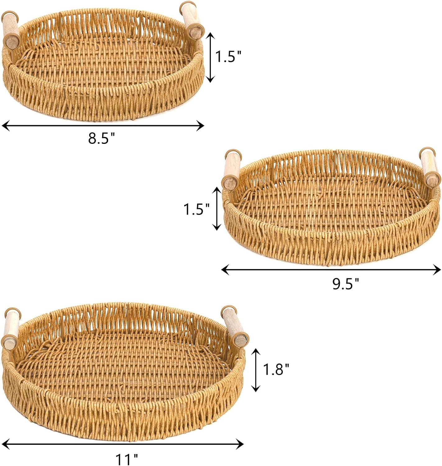 GIB Small Round Rattan Serving Trays with Handles, Decorative Woven Wicker Baskets Serving Trays for Coffee Table Decor, Bread, Fruit, Snacks, Set of 3