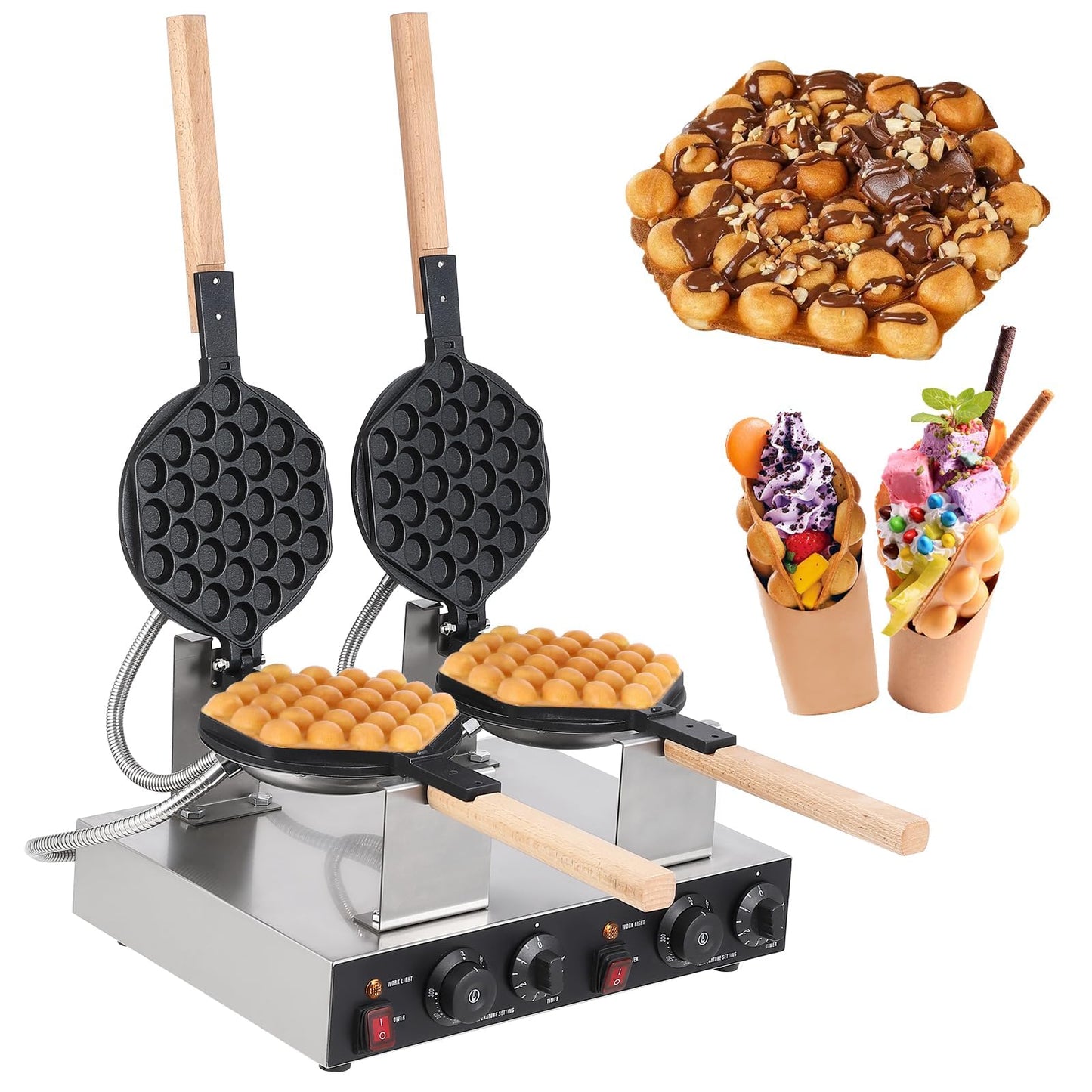 2800W Double Waffle Maker, Commercial Bubble Waffle Maker Machine, Non-Stick Egg Waffle Maker, Adjustable Temp & Timer, Fast Heating, Perfect for Snack Bars & Homes