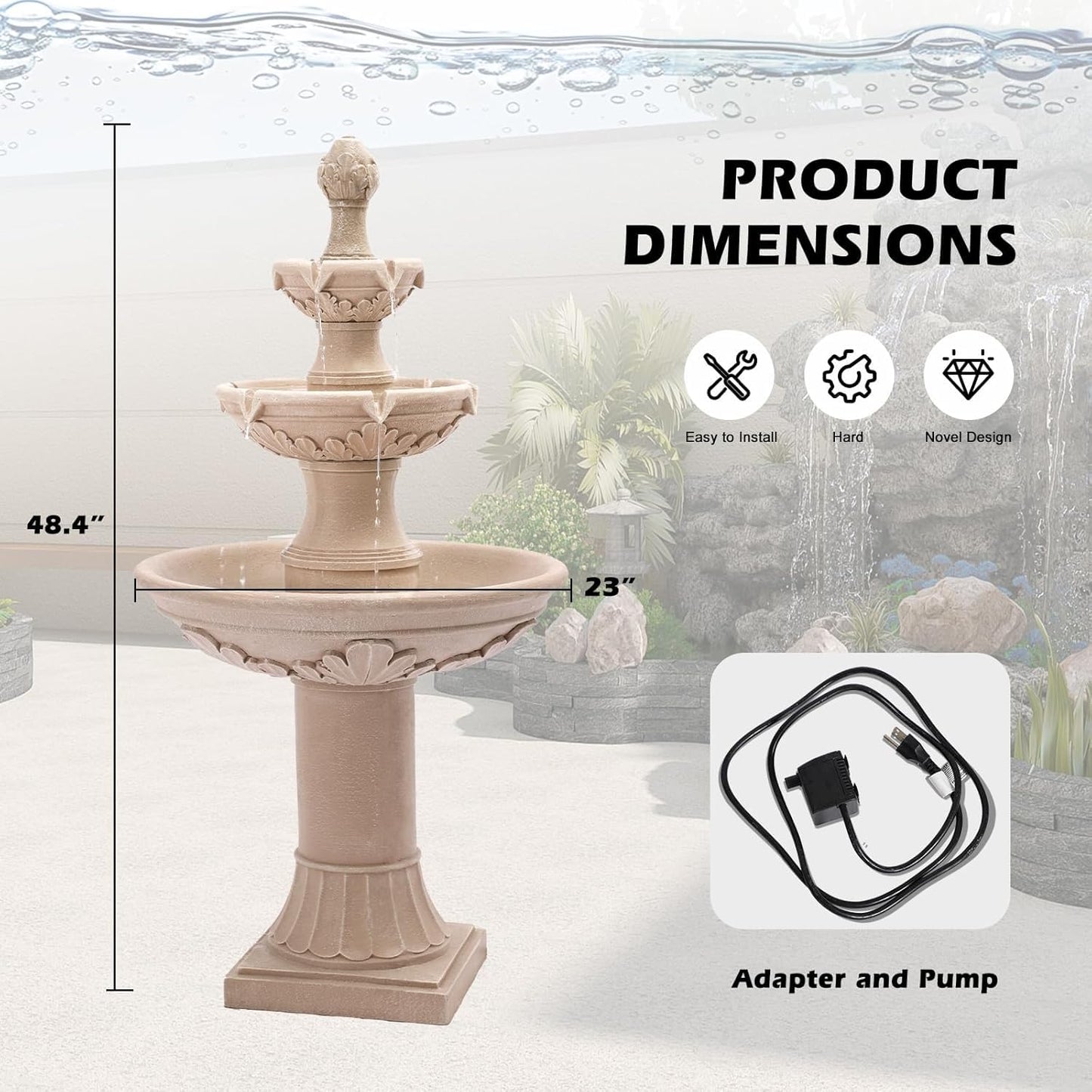 GIODIR Italian Outdoor Fountains and Waterfalls, 48.4" H Bubbler Floor Waterfall Fountain with Pineapple Top and Pump, 3 Tiered Garden Water Fountain for Patio Backyard Deck and Home Decor